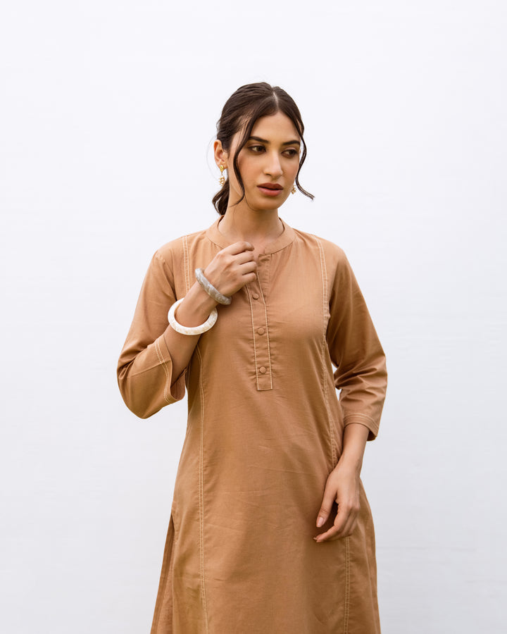 Mud Brown Linen Kurta Pant Set For Women's
