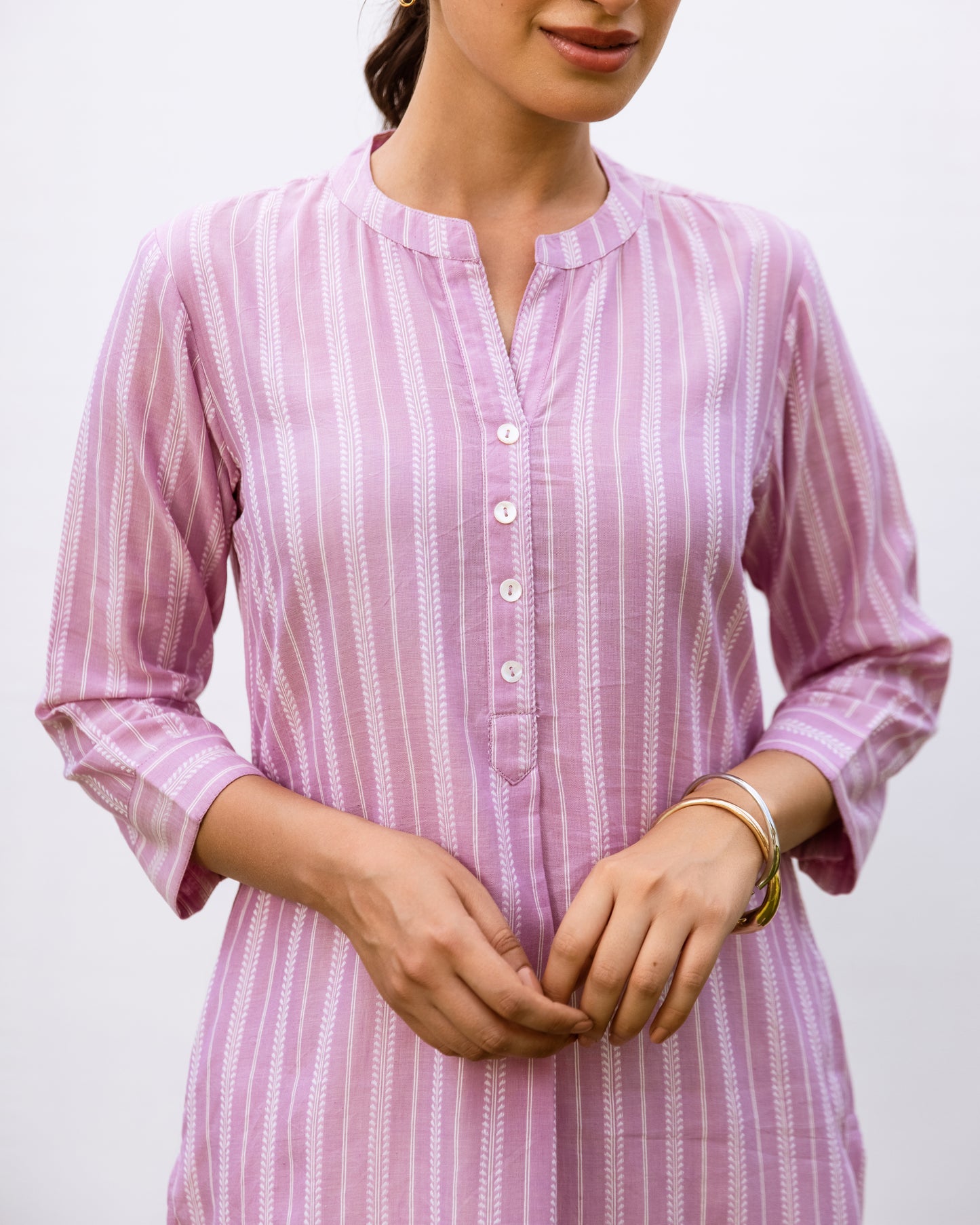 Lavender and White Stripes South Handloom Mandarin Collar Kurta For Women's