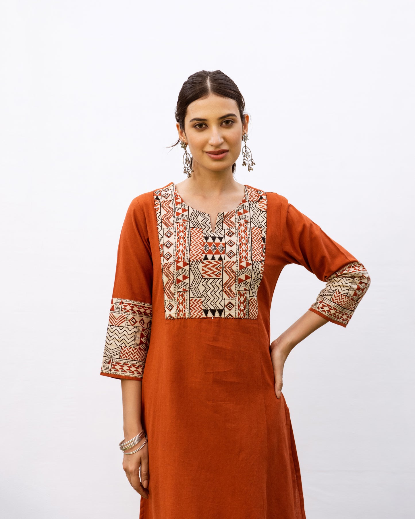 Rust Cotton Flex Round With V-Neck Kurta For Women's