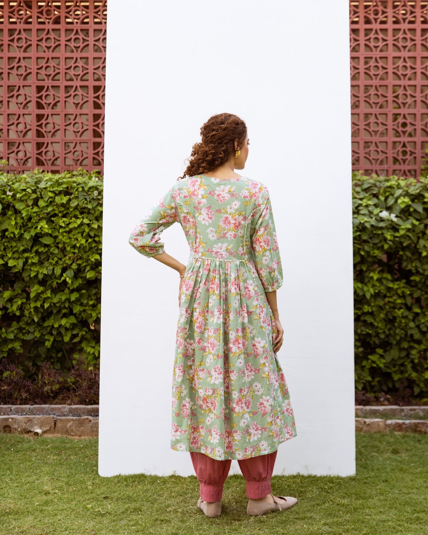 Light Green Cotton Round Floral Print A Line Kurta For Women's