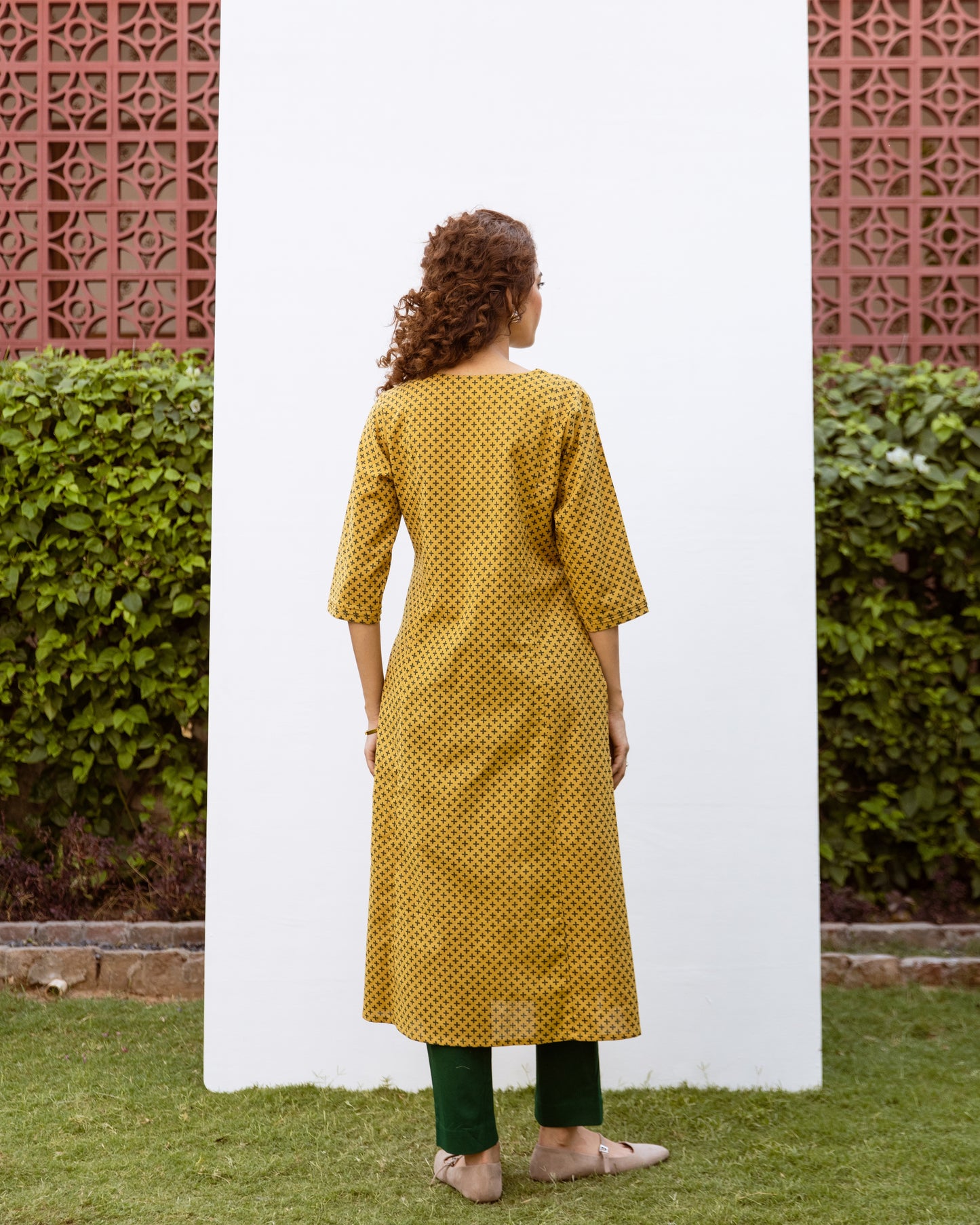 Mustard Yellow Cotton Round Neck Printed Kurta For Women's