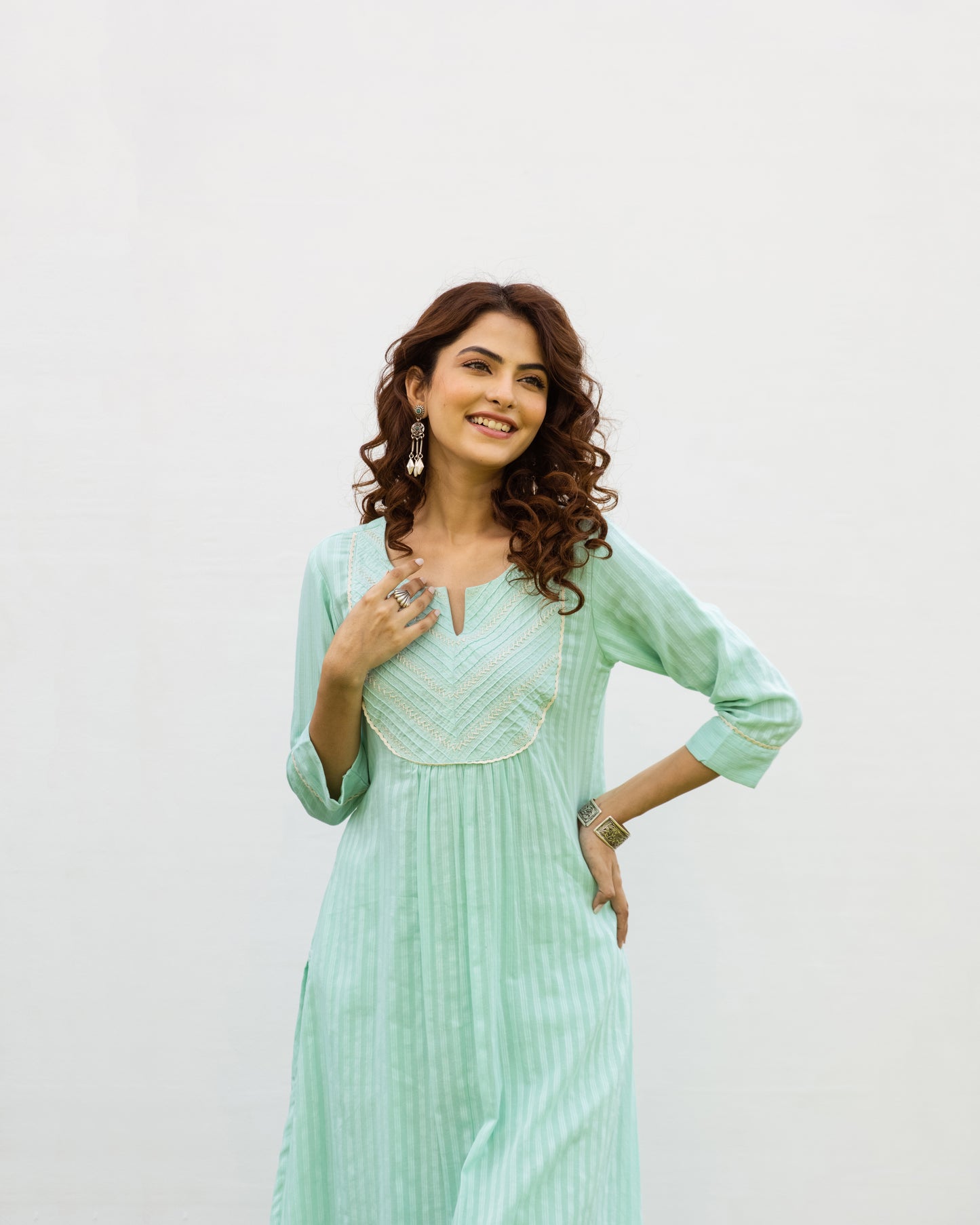 Mint Green Cotton Dobby Complete Suit Set For Women's