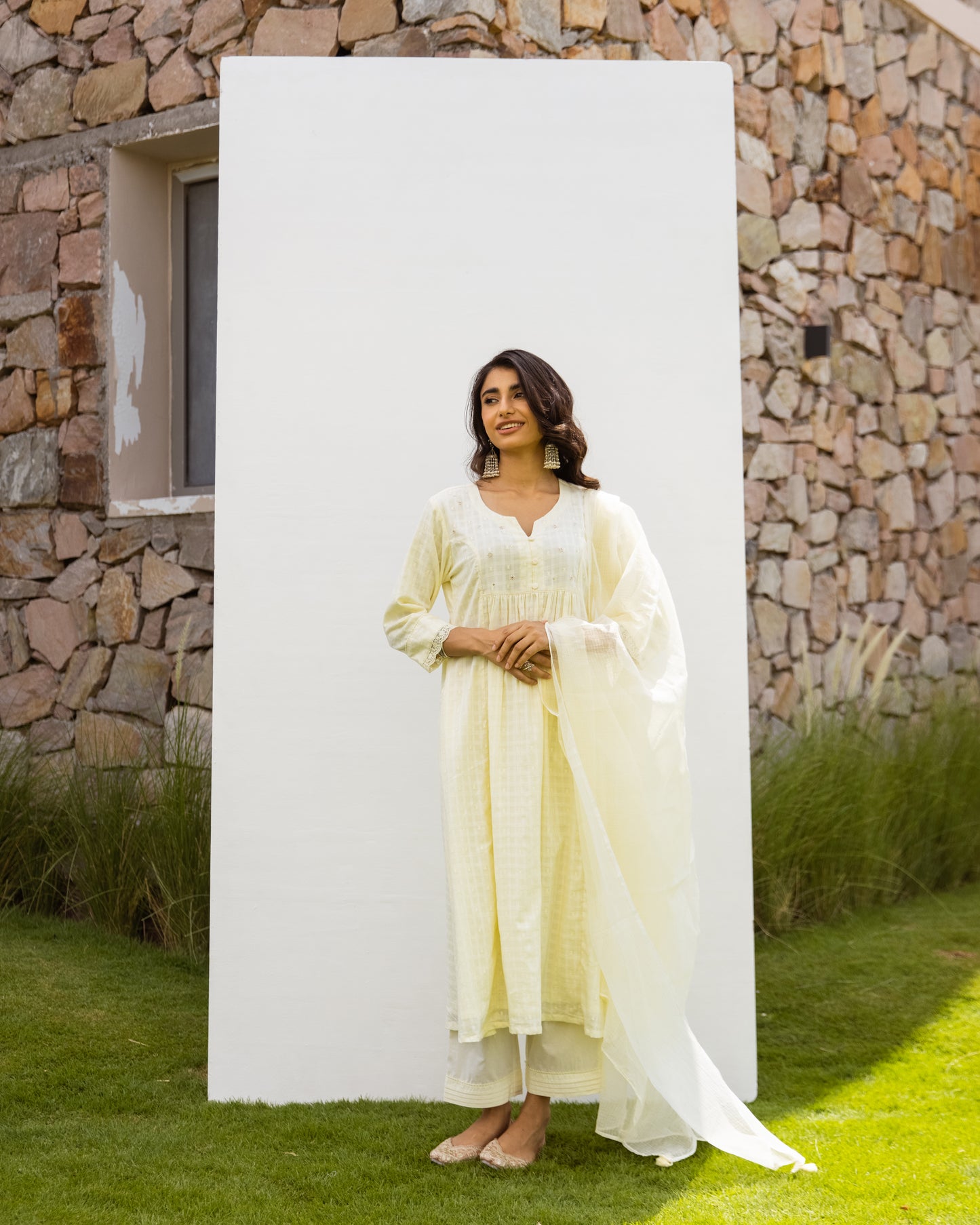 Lemon Yellow Cotton Dobby Complete Suit Set For Women's