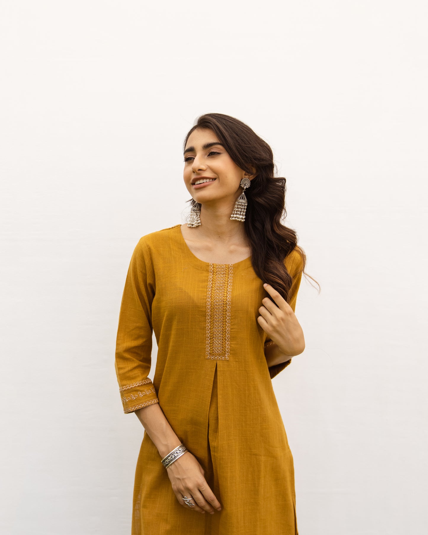 Mustard Cotton Slub Kurta Pant Set For Women's