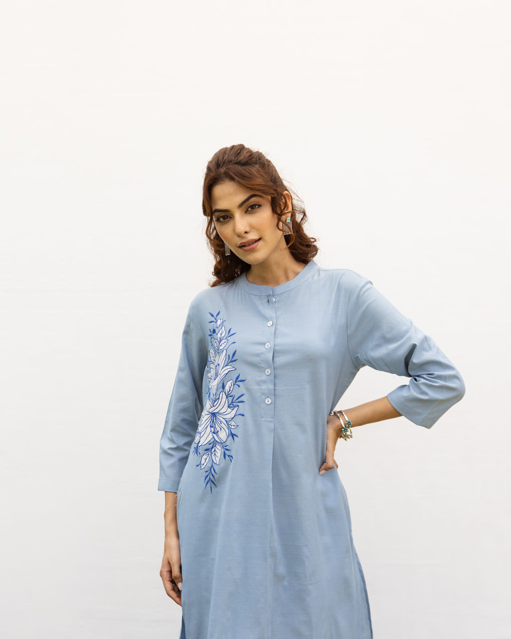 Powder Blue Cotton handloom Kurta Pant Set For Women's