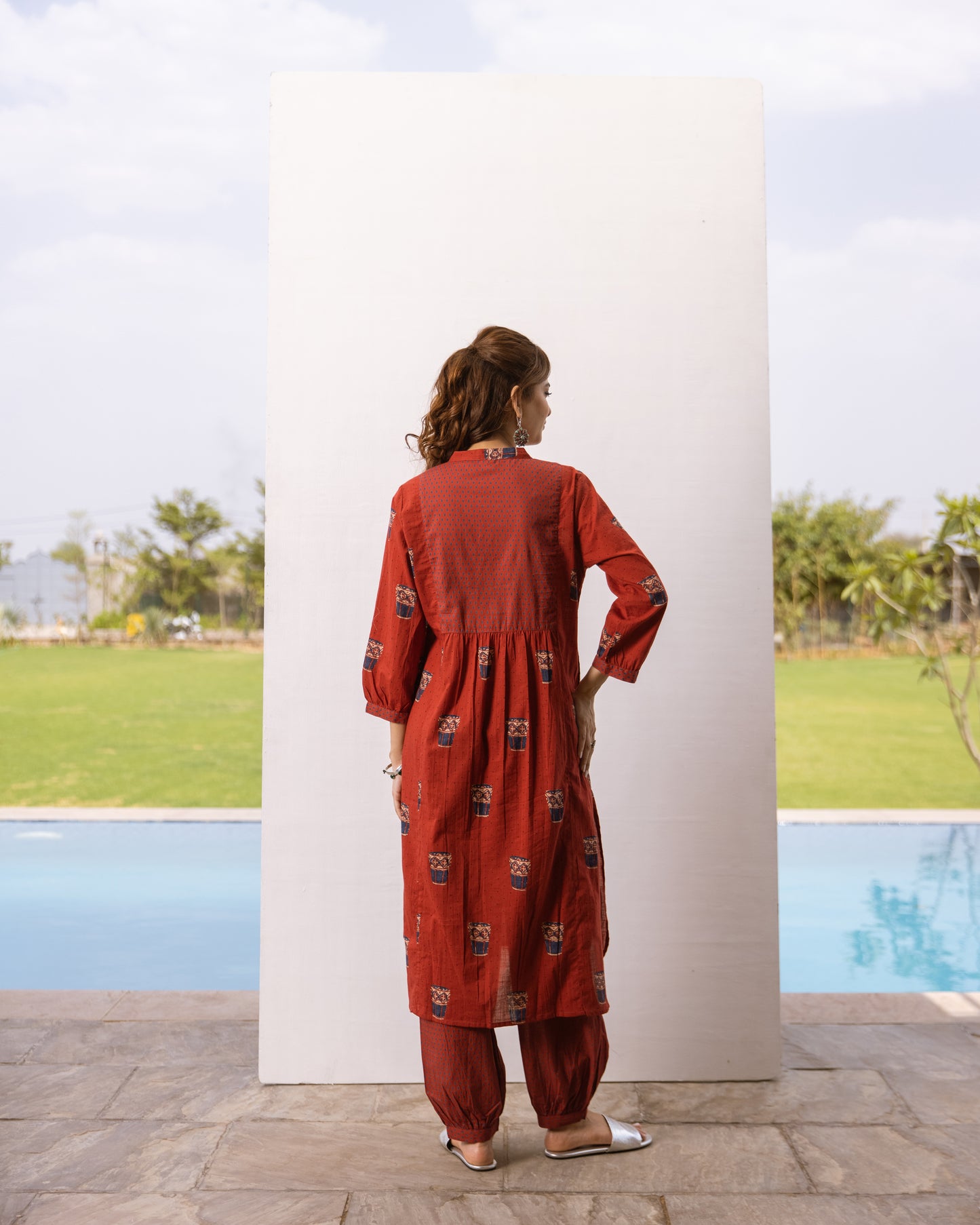 Rust Red Cotton Printed Kurta Pant Set For Women's