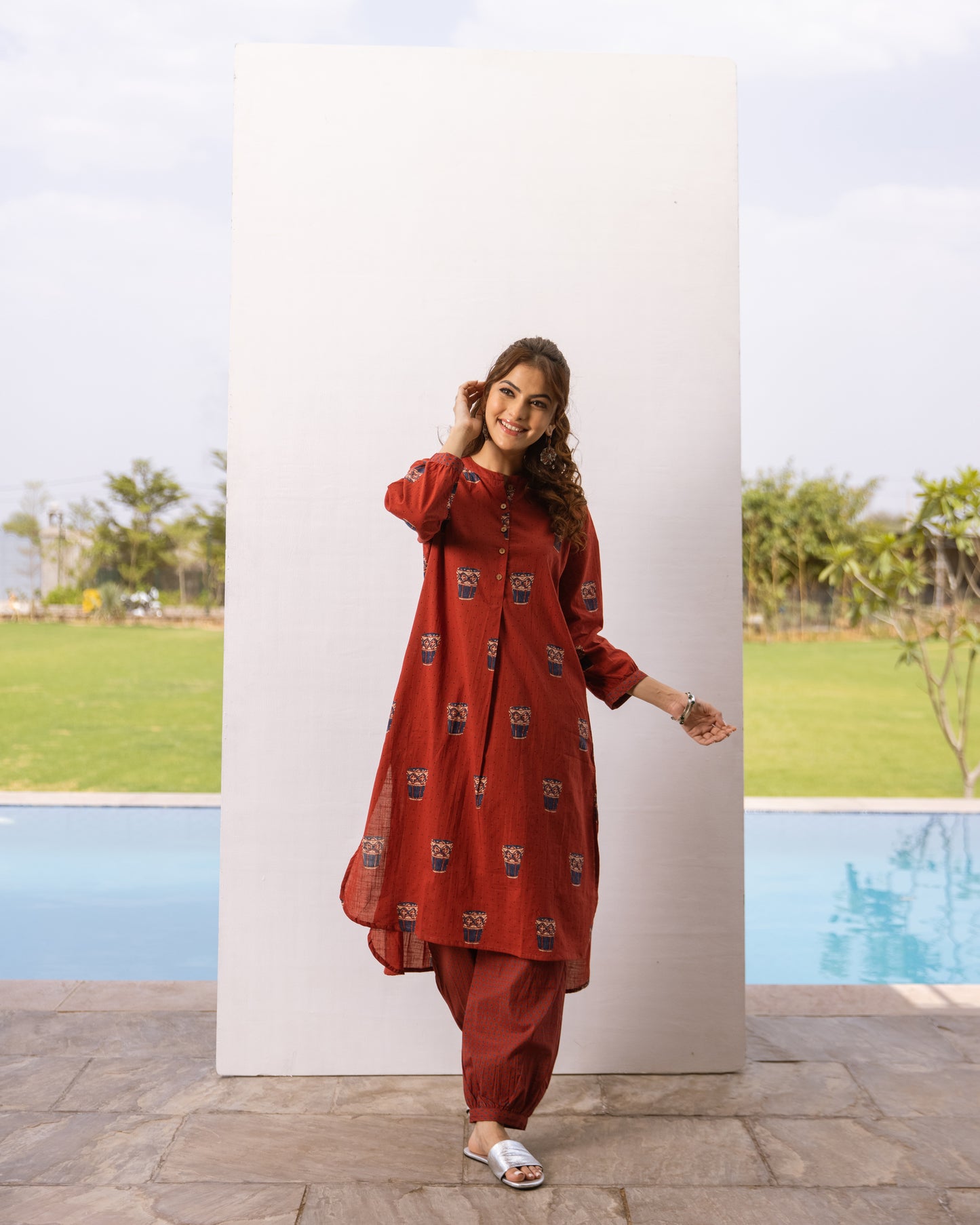Rust Red Cotton Printed Kurta Pant Set For Women's