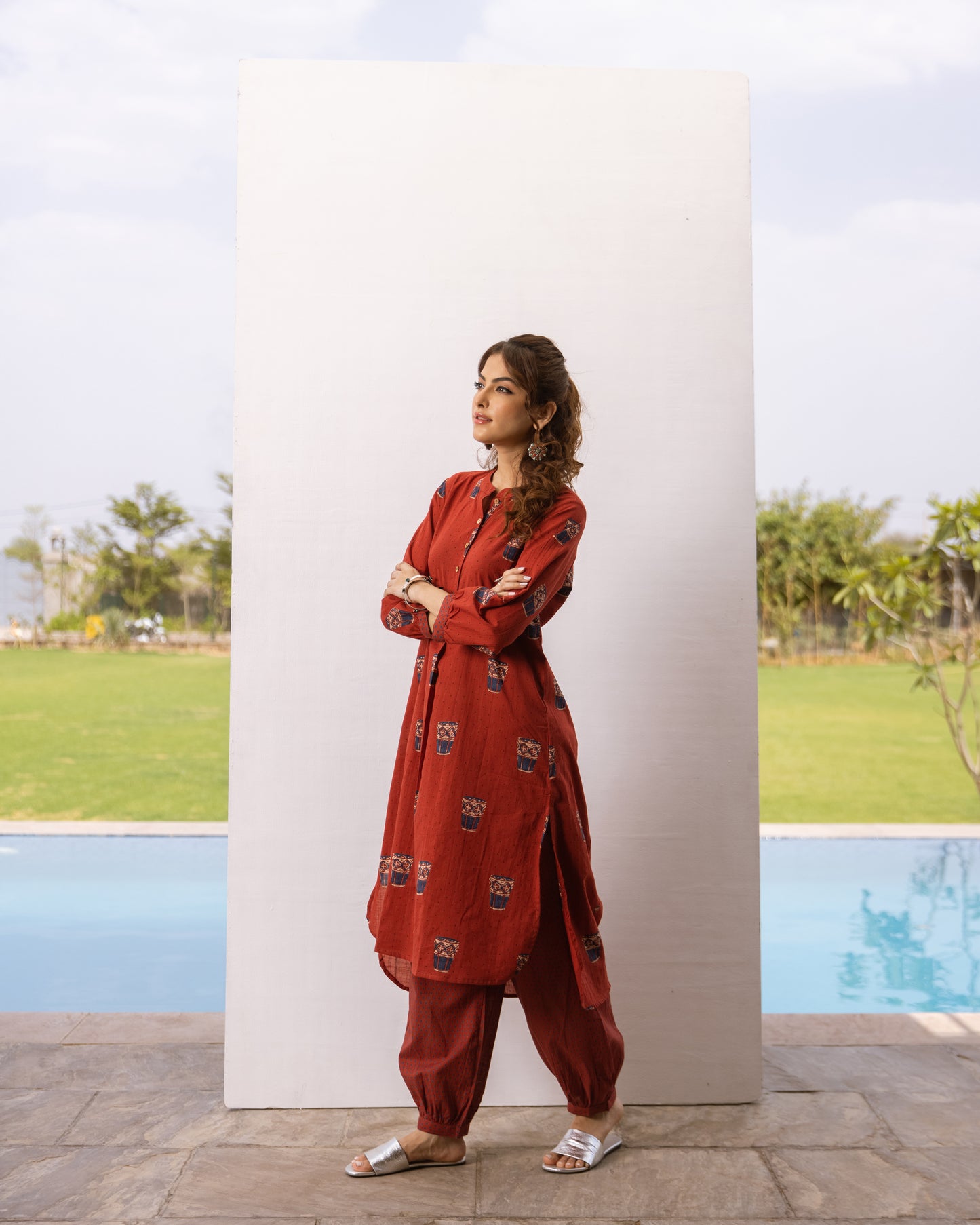Rust Red Cotton Printed Kurta Pant Set For Women's