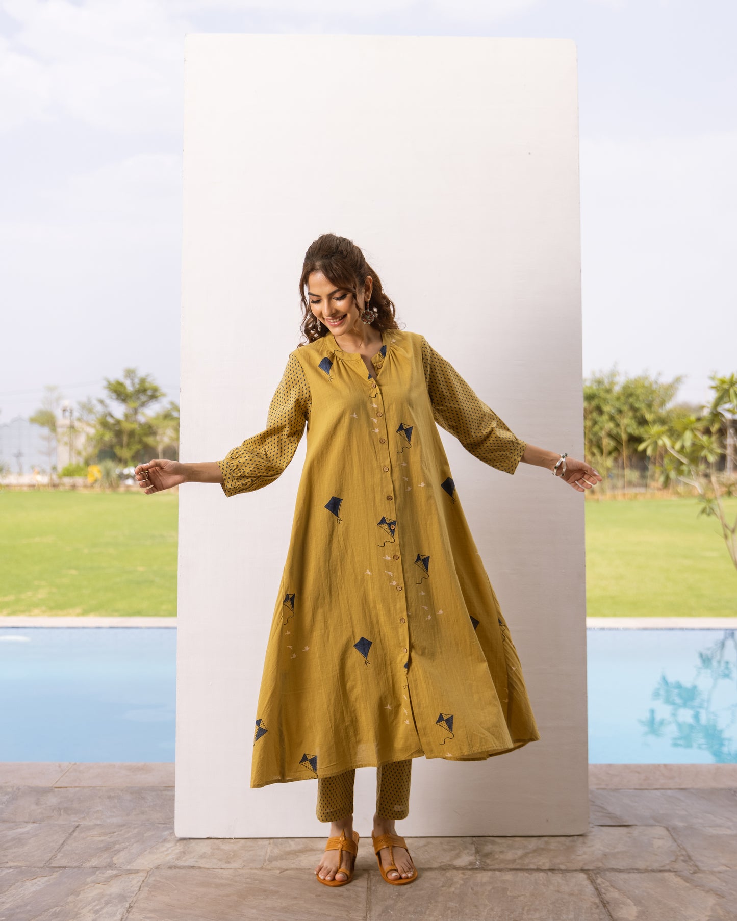 Mustard Cotton Slub Kurta Pant Set For Women's