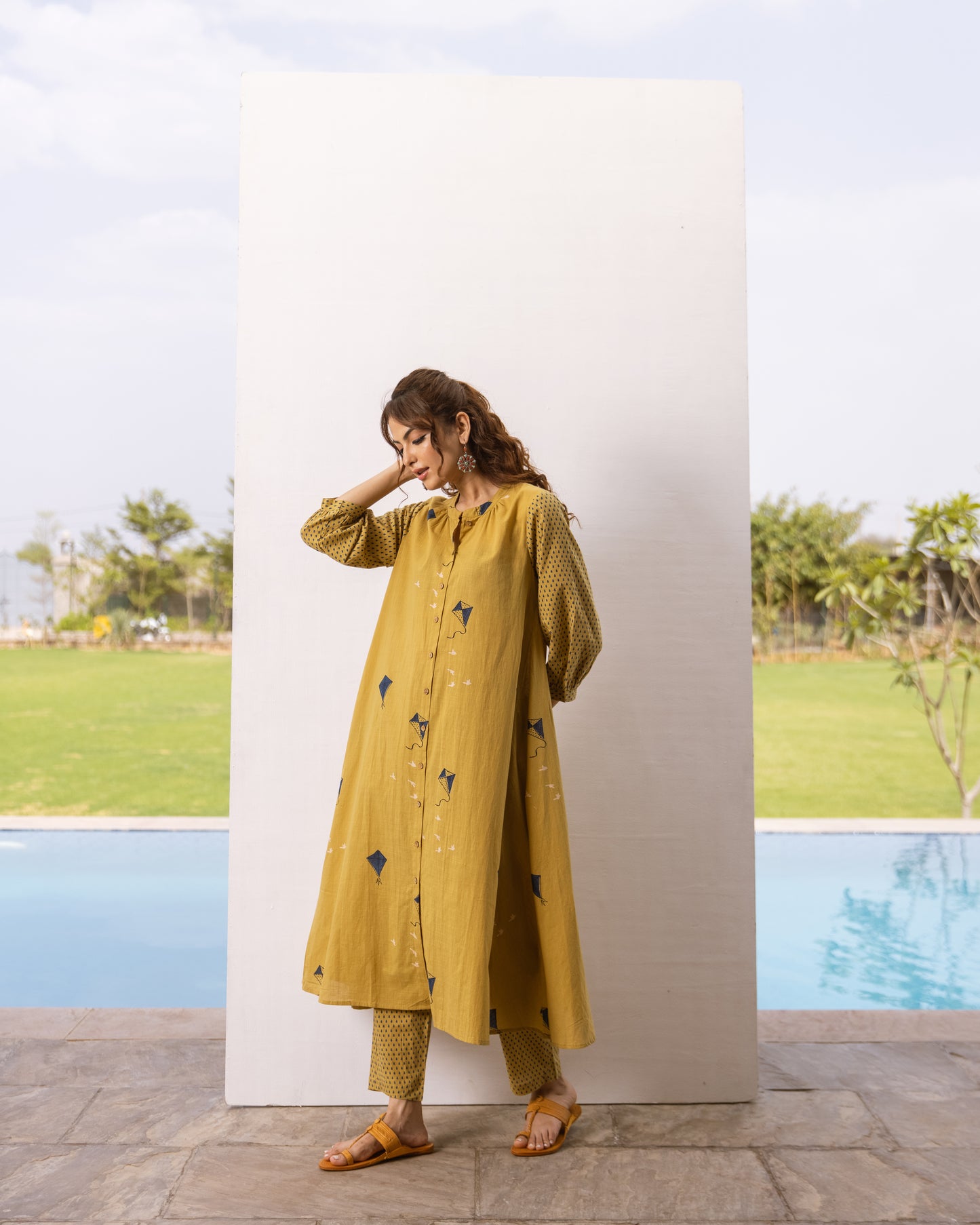Mustard Cotton Slub Kurta Pant Set For Women's
