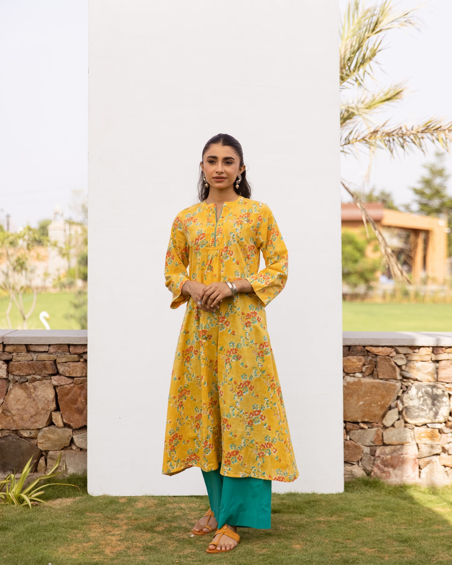 Yellow Cotton Round Neck Floral Print For Women's