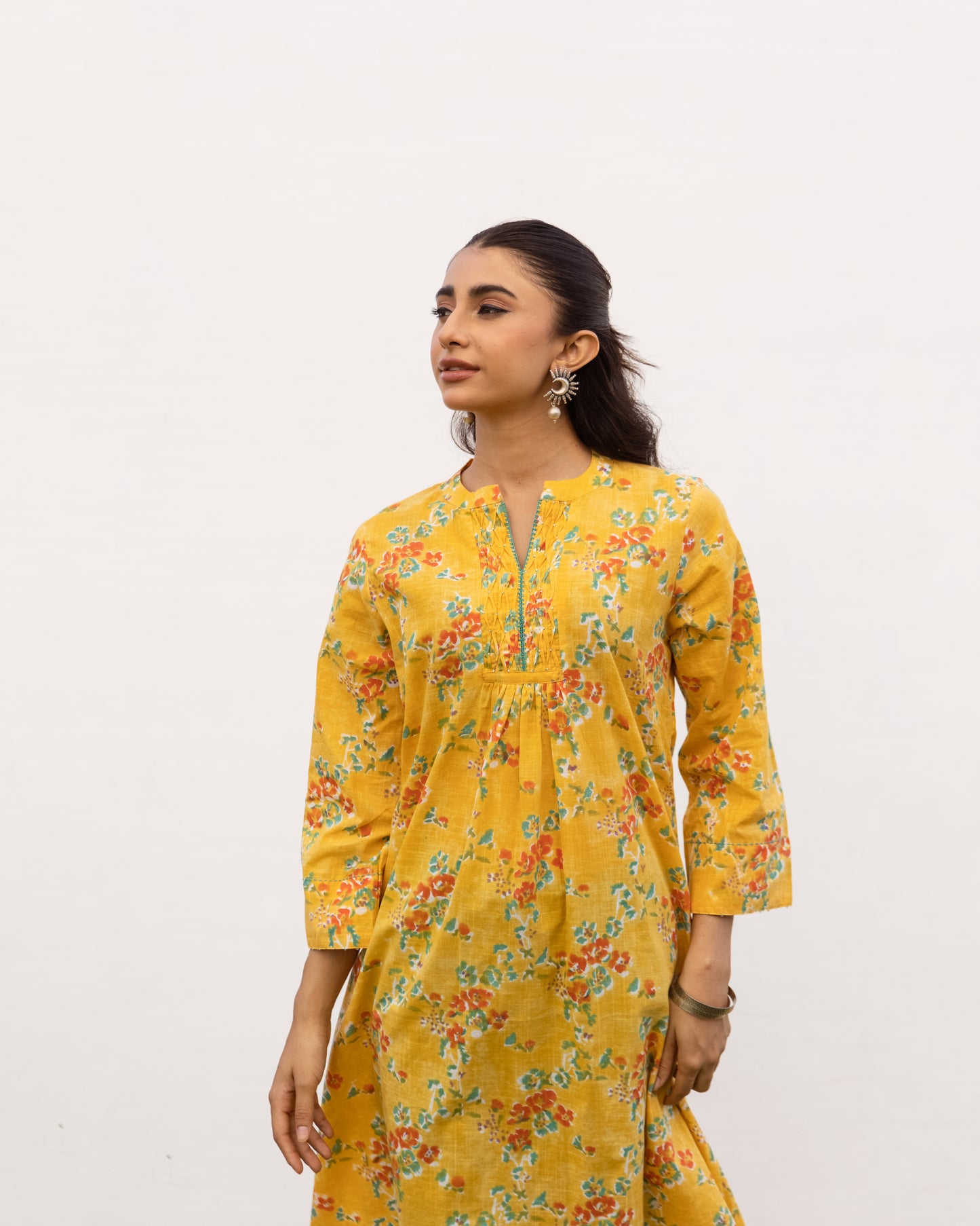 Yellow Cotton Round Neck Floral Print For Women's
