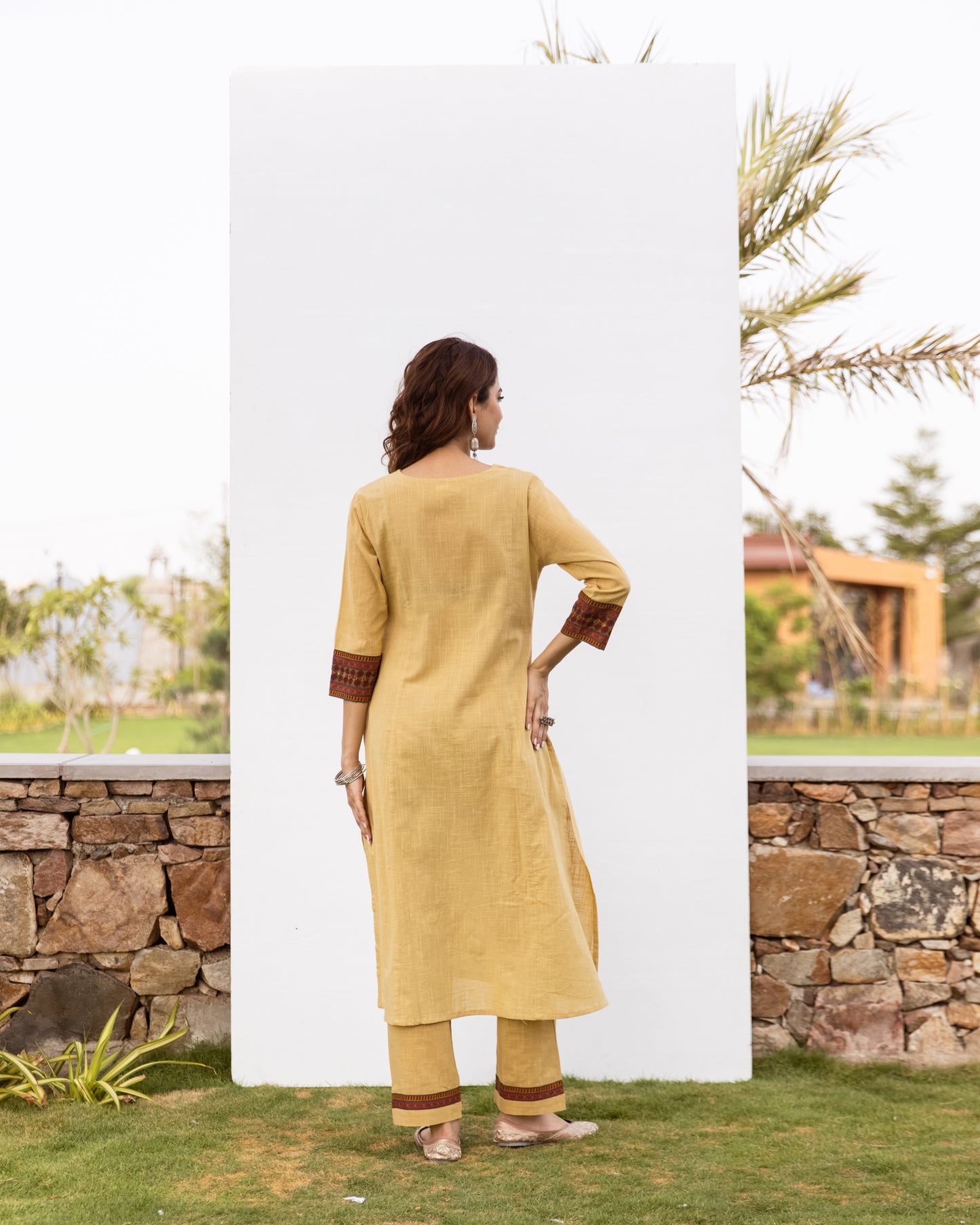Yellow Cotton Flax Kurta Pant Set For Women's
