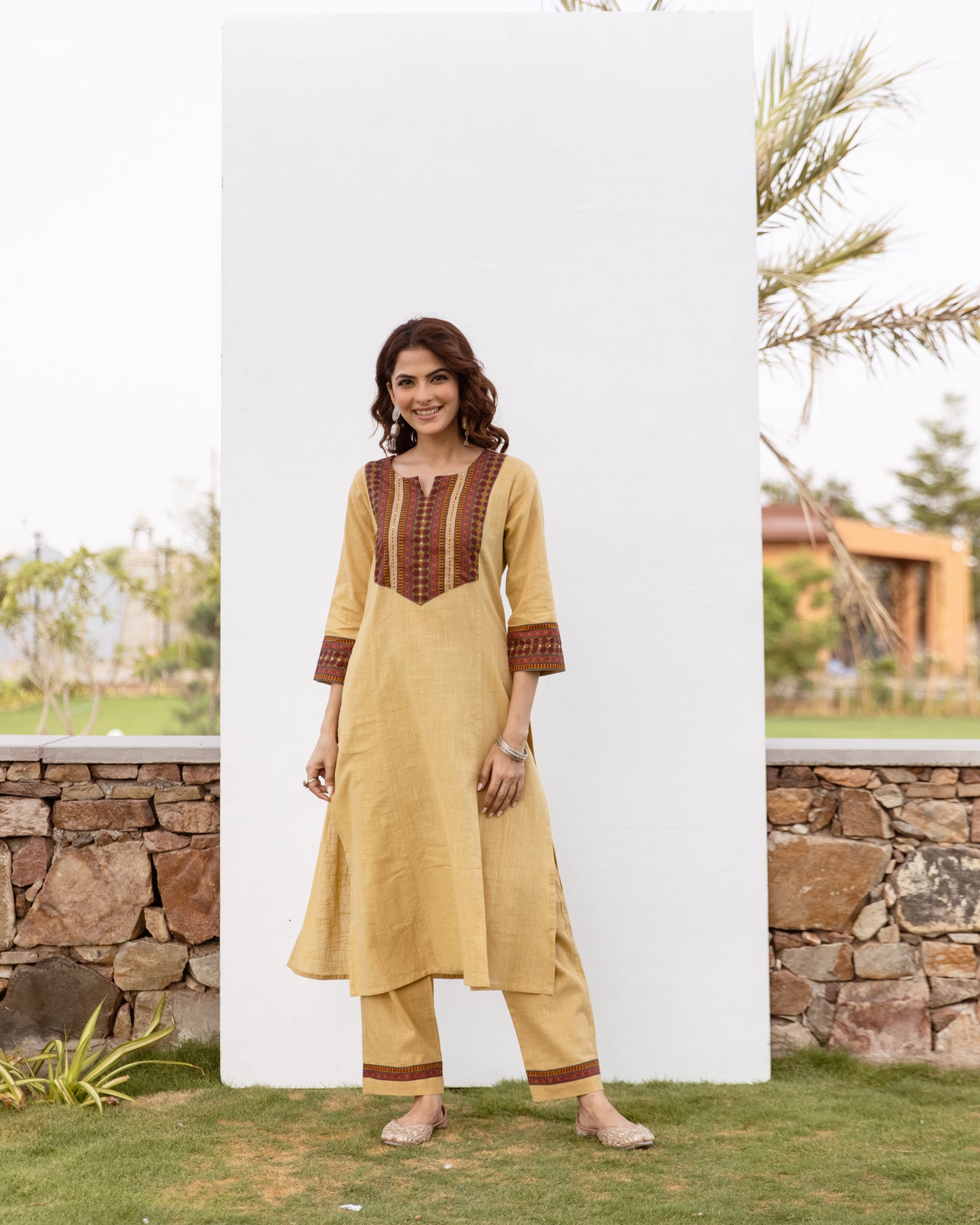 Yellow Cotton Flax Kurta Pant Set For Women's