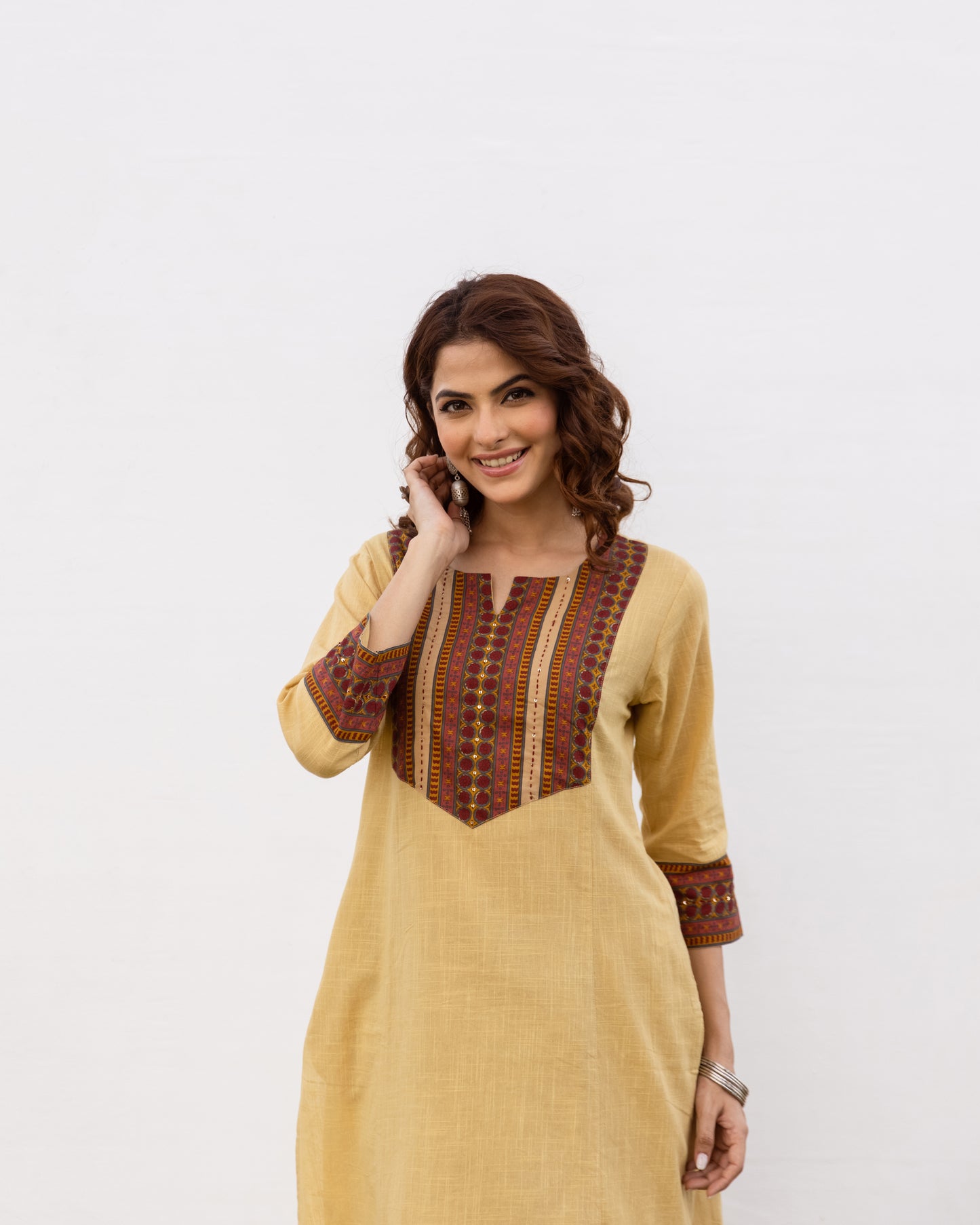 Yellow Cotton Flax Kurta Pant Set For Women's