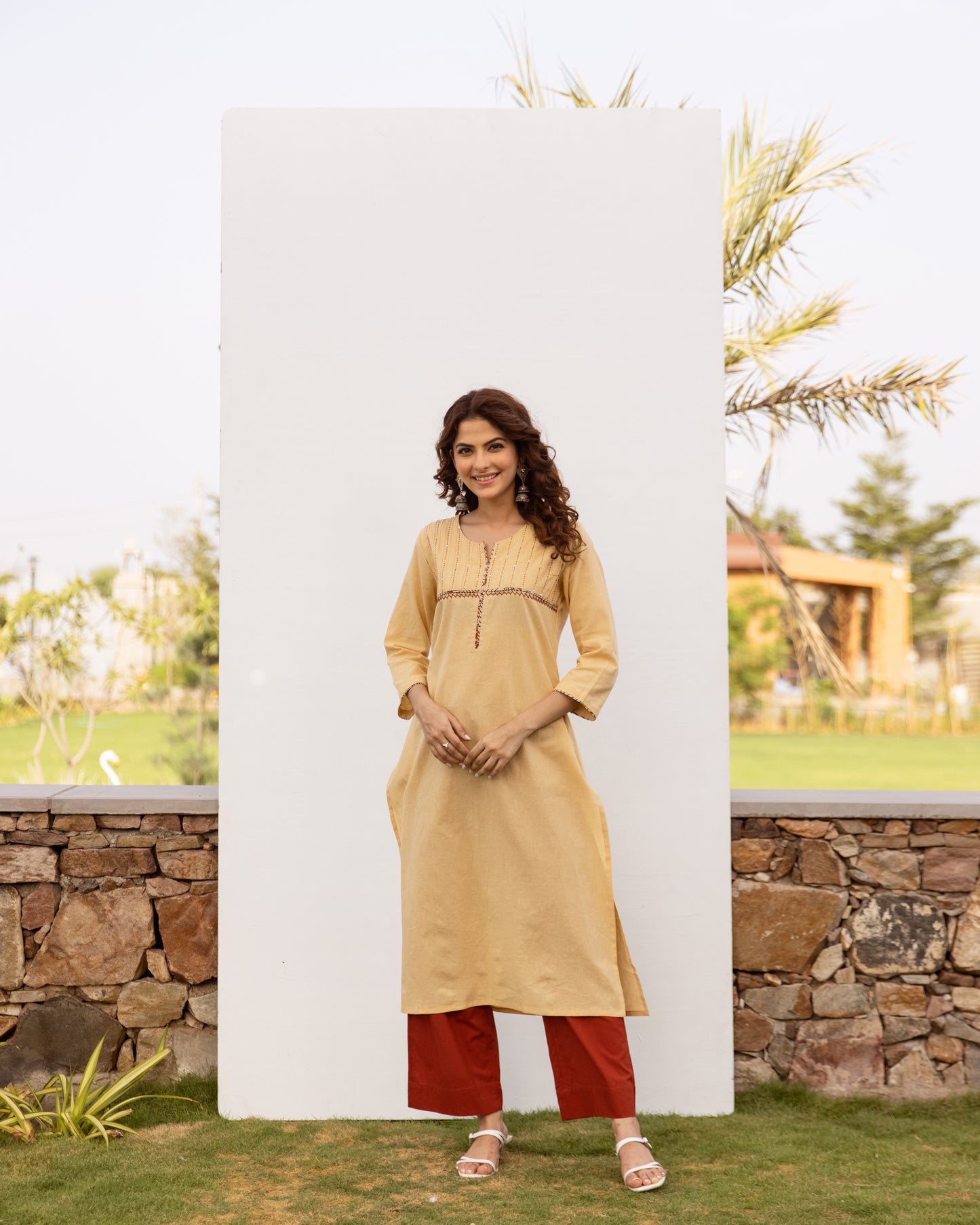 Beige Cotton Flax Kurta For Women's