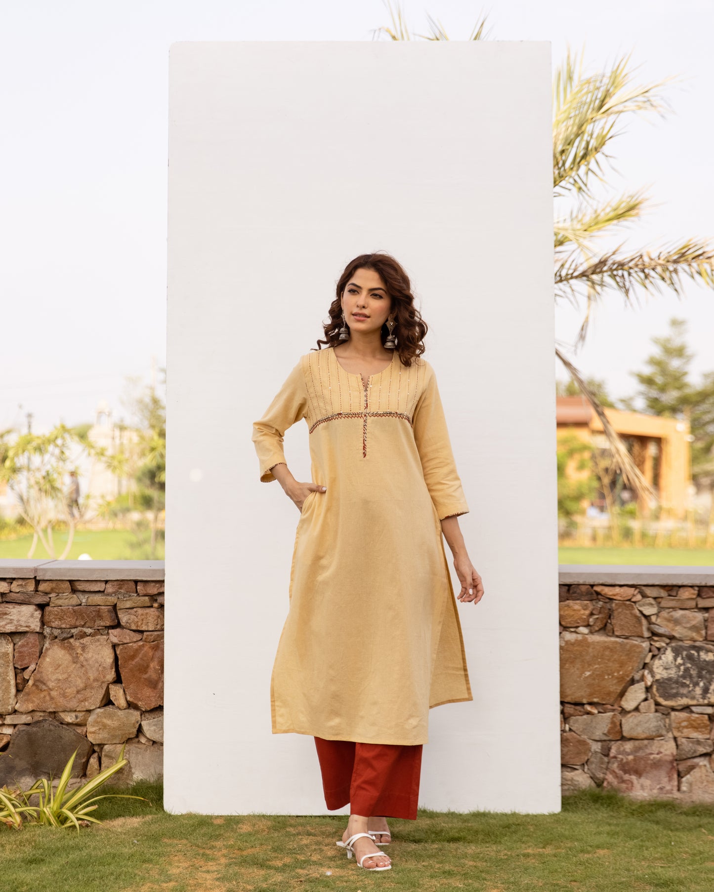 Beige Cotton Flax Kurta For Women's
