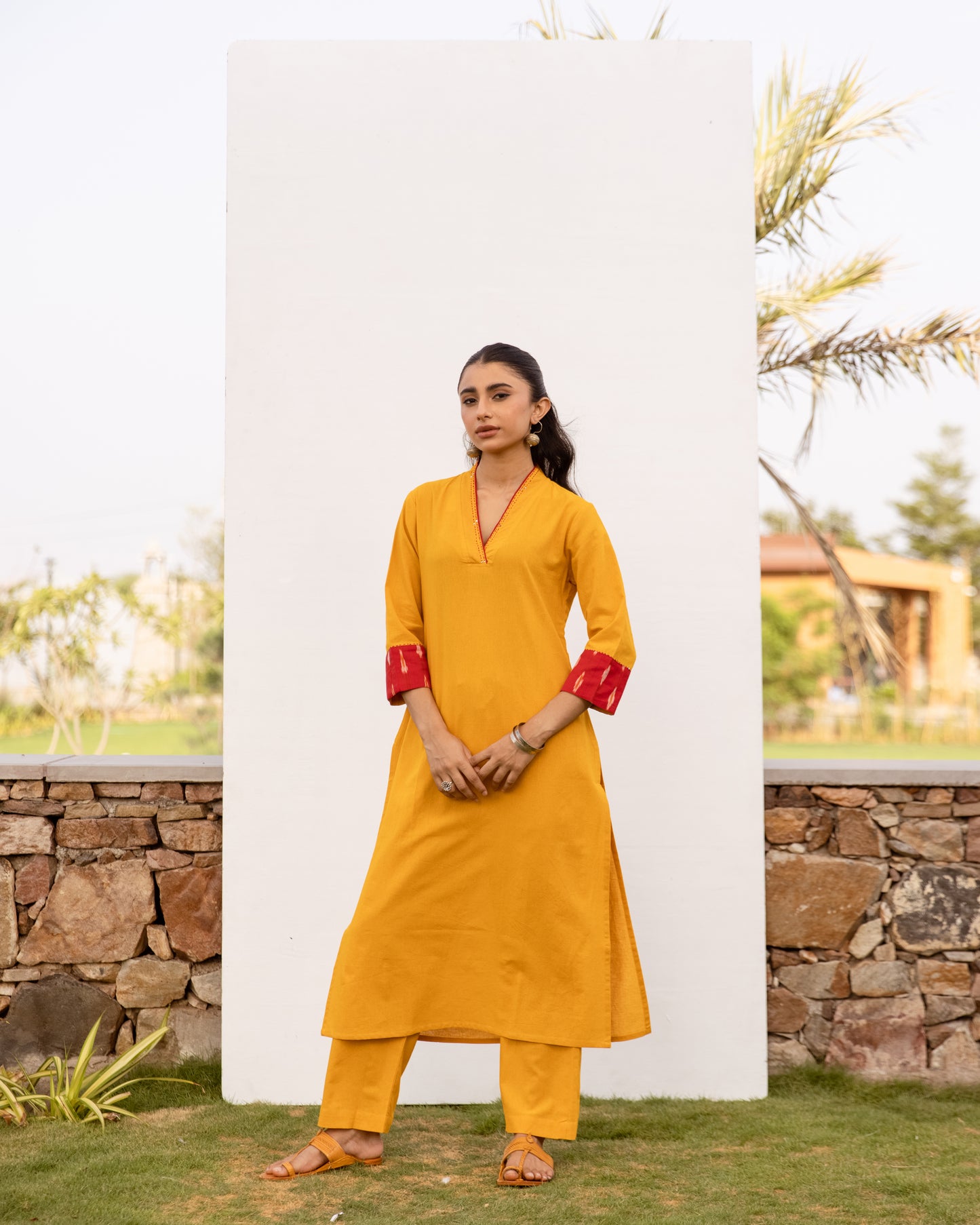 Mustard Cotton Flax Kurta Pant Set For Women's