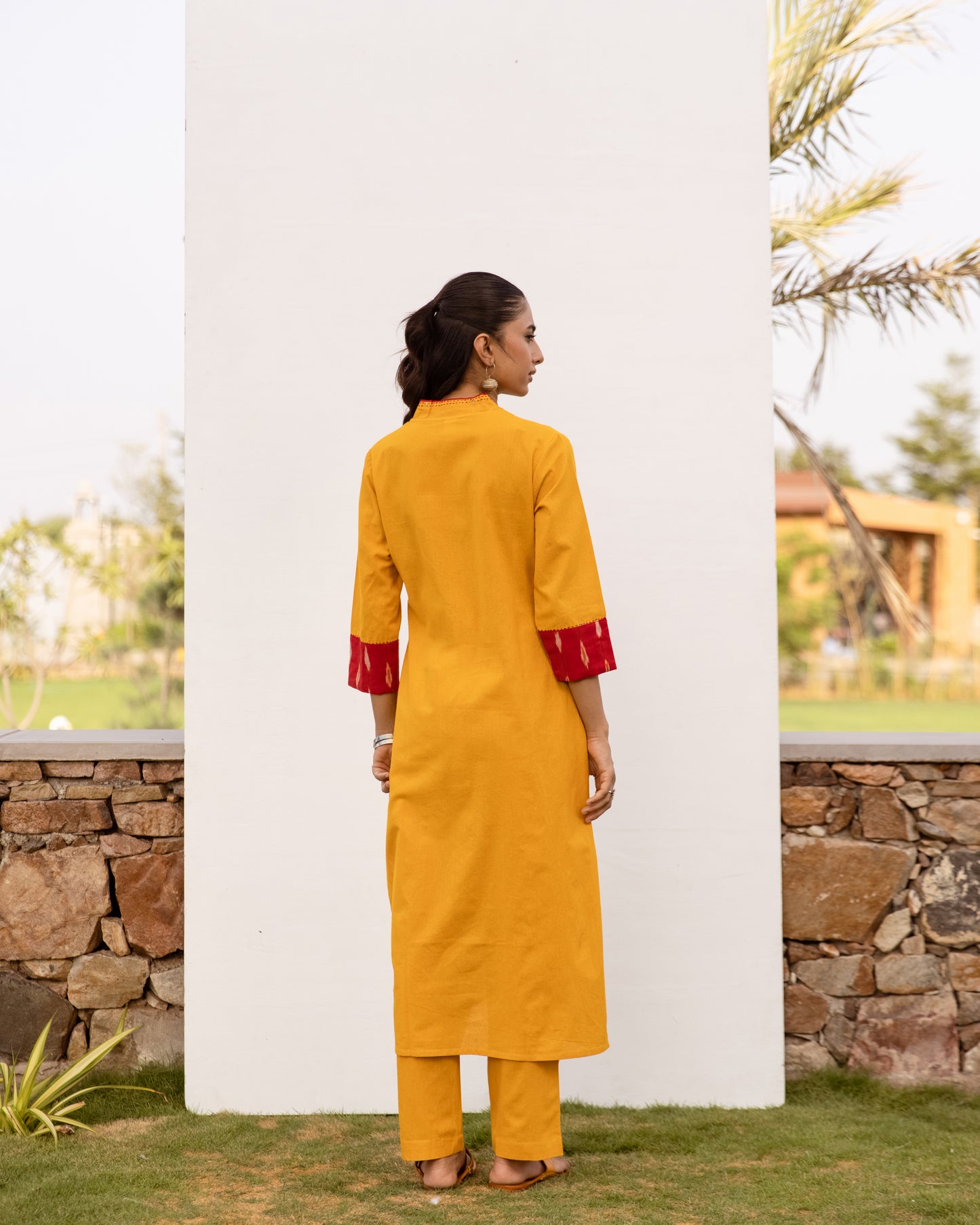Mustard Cotton Flax Kurta Pant Set For Women's