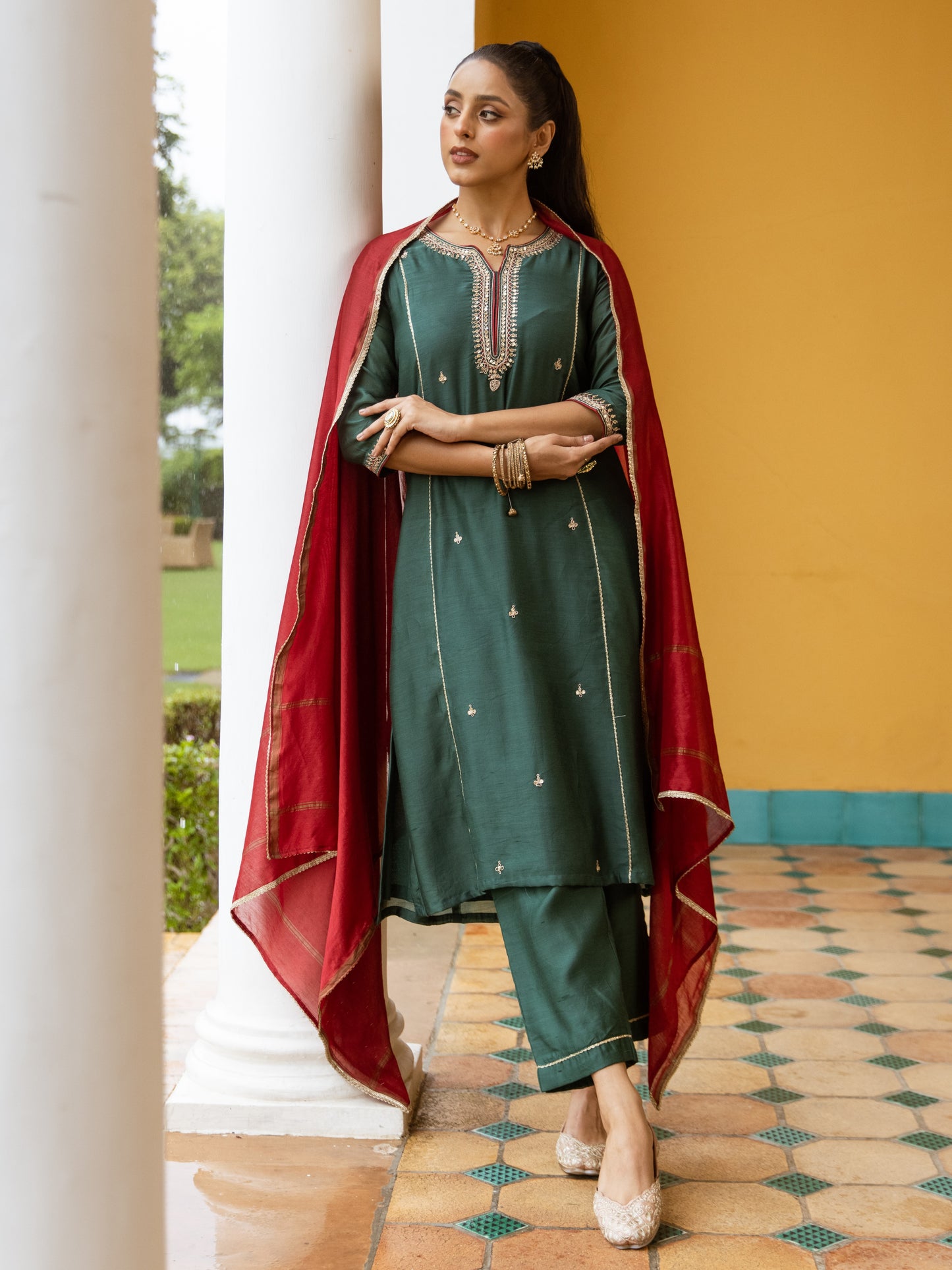 Green And Maroon Chanderi Round V-neck Complete Suit Set For Women's