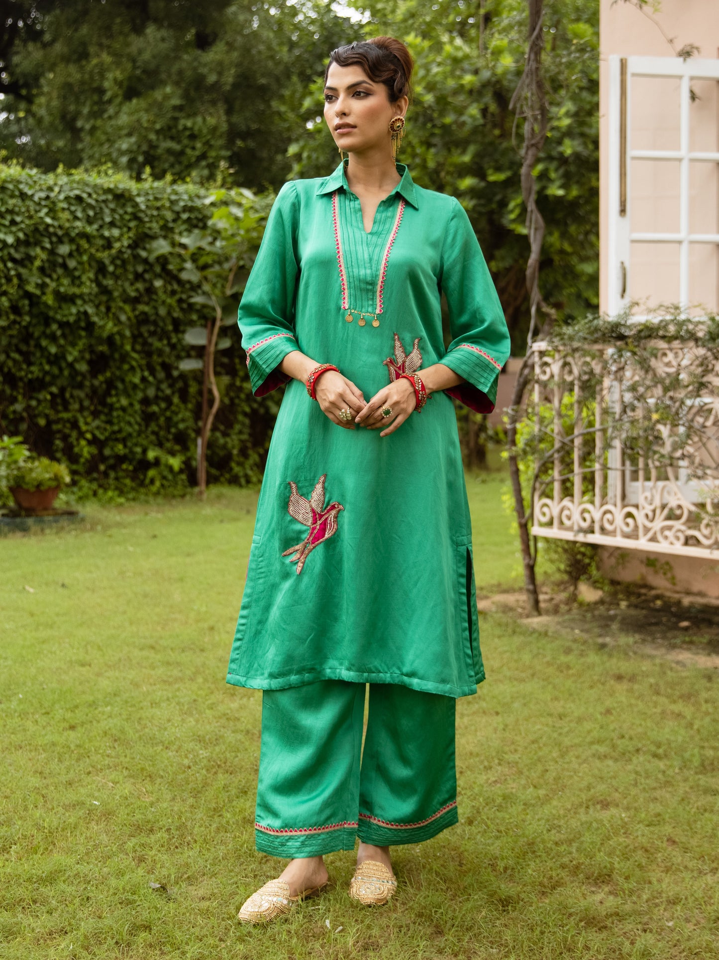 Green Linen Satin Collar Neck Kurta Pant set
