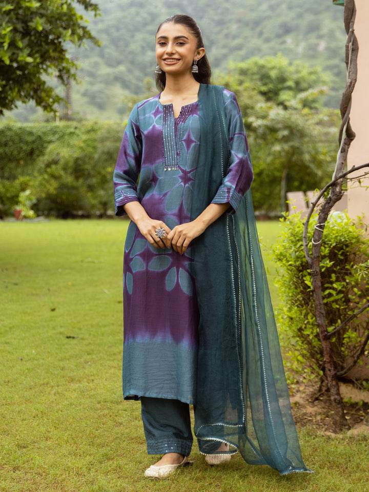 Blue Cotton Chanderi V-Neck Complete Suit Set For Women's