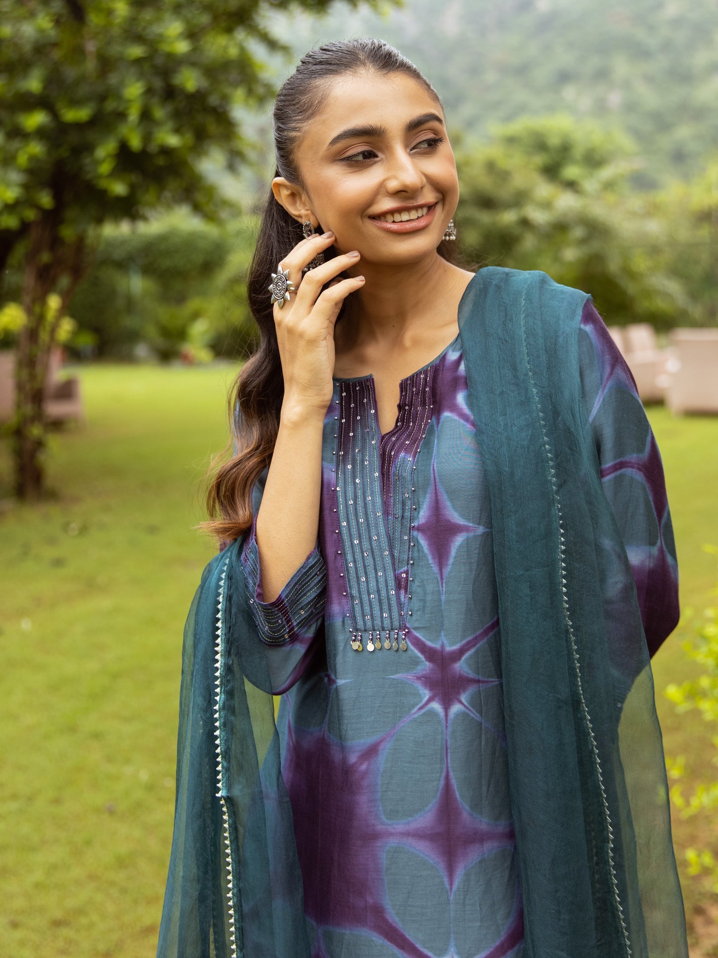 Blue Cotton Chanderi V-Neck Complete Suit Set For Women's