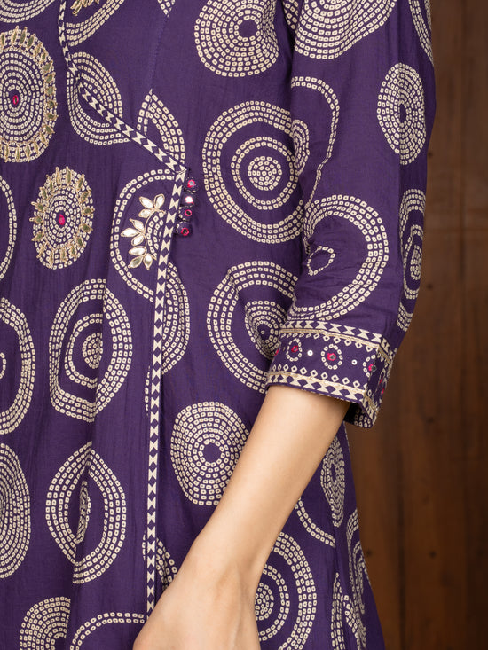Brinjal Cotton Round Neck Kurta Pant Set For Women's