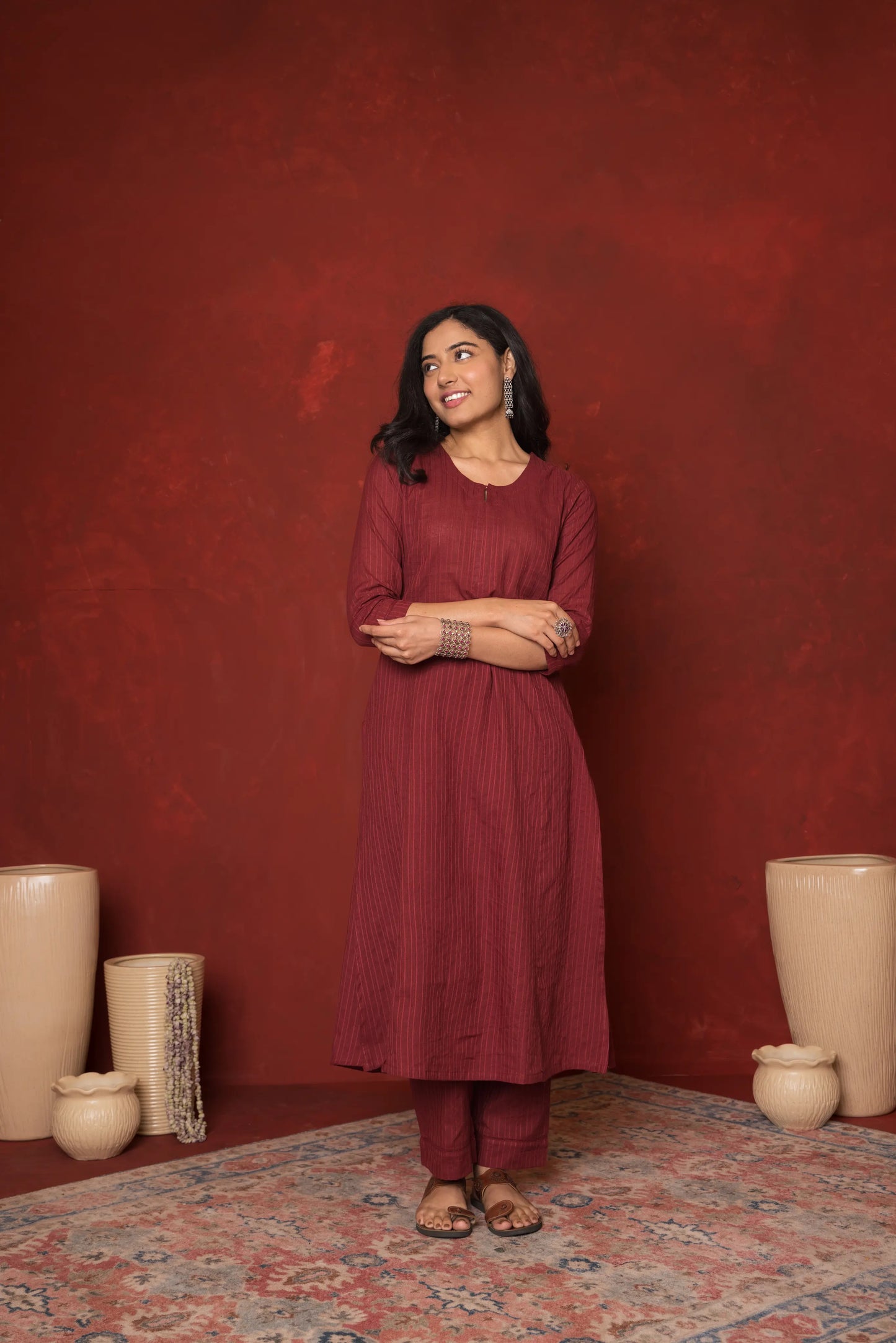 MAROON COTTON DOBBY ROUND SLEEVES HIGHLIGHTED WITH LACE KURTA PANT SET
