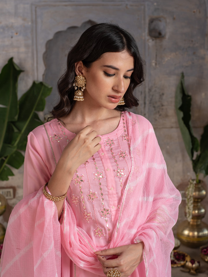 BABY PINK JAM COTTON ROUND NECK HAND DONE LEHERIYA DUPATTA FULL SET