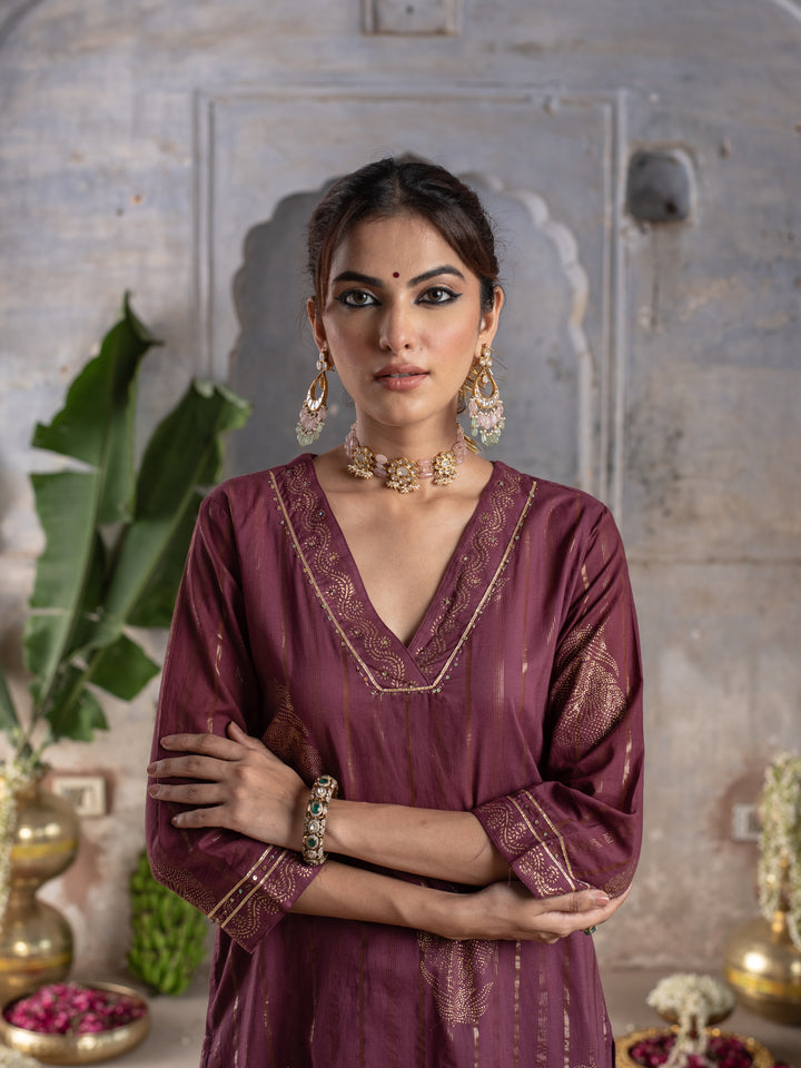 Purple Cotton Lurex V-Neck Kurta Pant Set For Women's