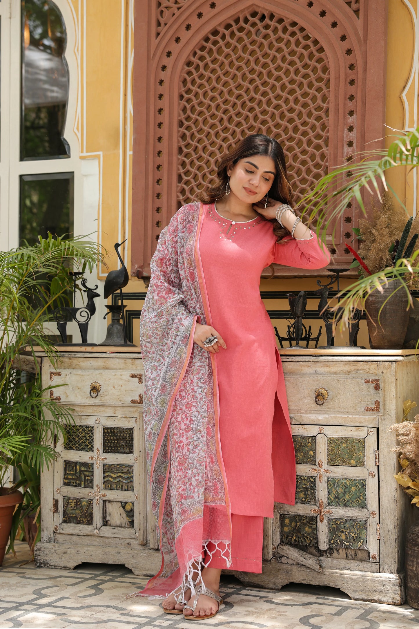PEACH KURTA PALAZZO-COTTON SLUB WITH KOTA DORIYA DUPATTA