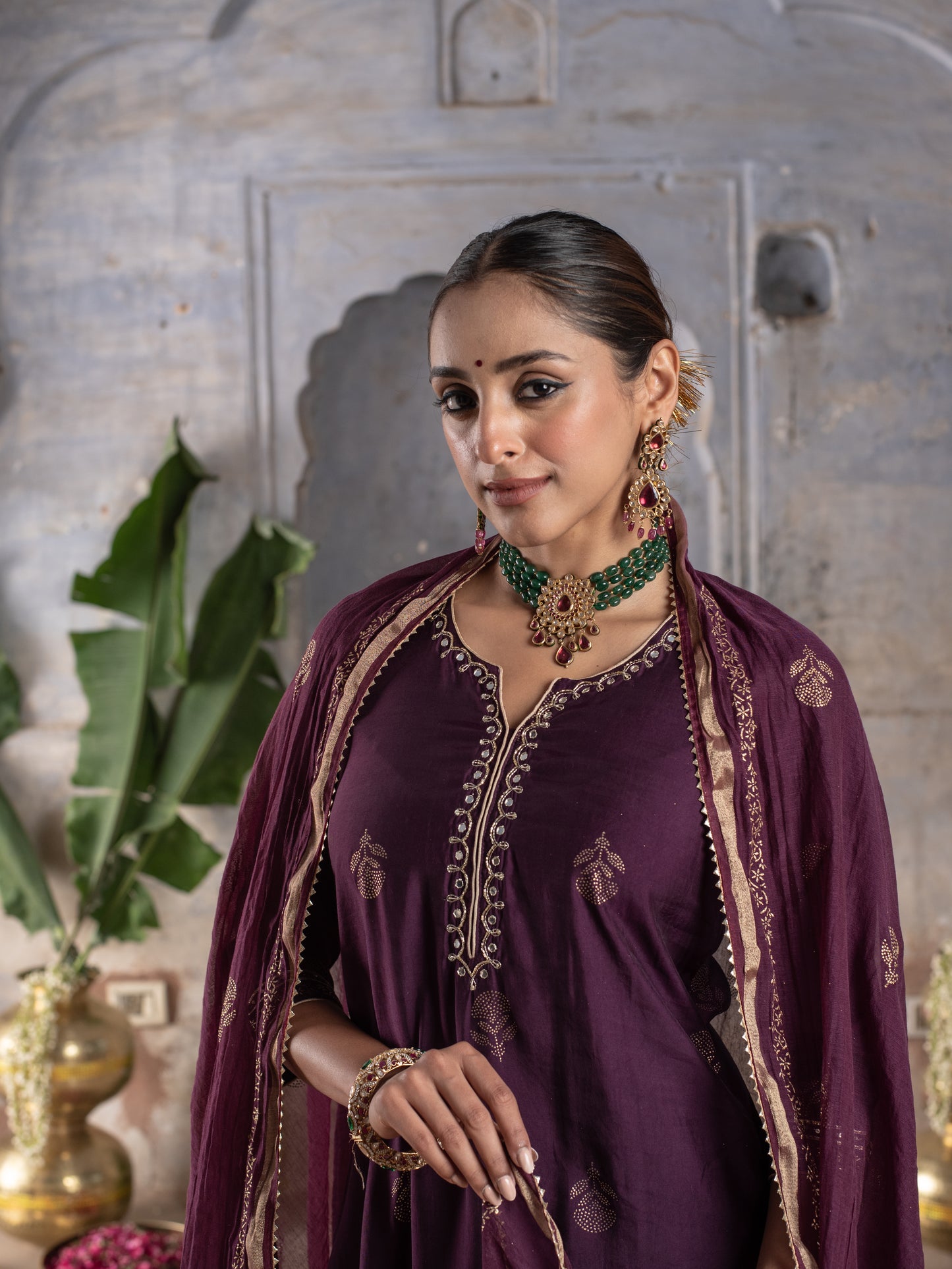 BRINJAL CHANDERI ROUND WITH V-CUT KURTA ALL OVER HIGHLIGHTED WITH ROGAN GOLD WORK FULL
