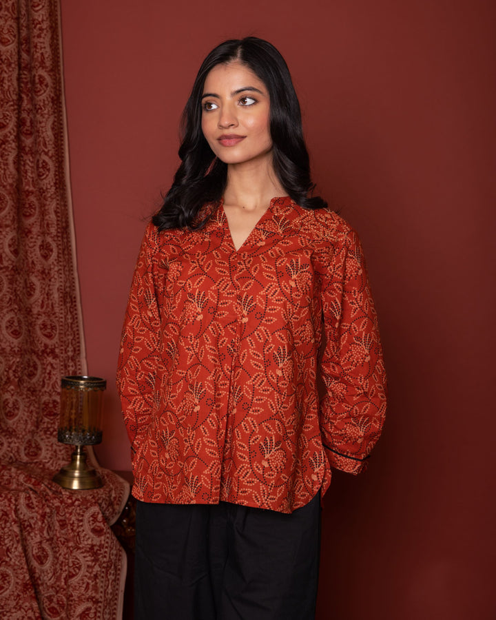 Rust Cotton Collar Bandhani Short Top For Women's
