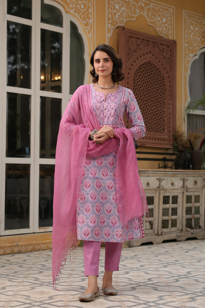Onion Pink Cotton Handblock Printed Straight Kurta For Women's