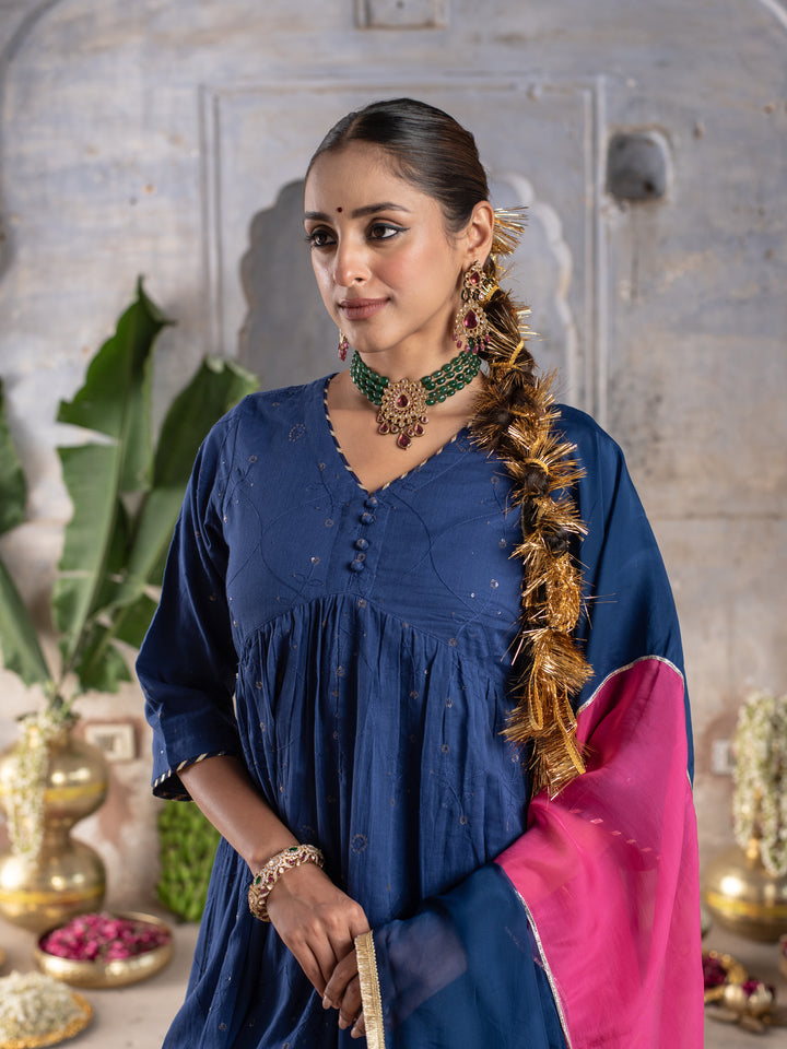 Royal Blue Cotton Complete Suit Set For Women's