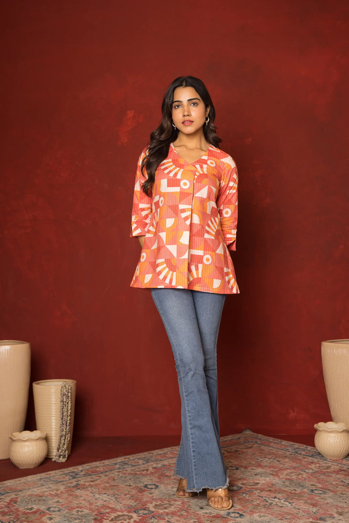 Orange Katha Dobby V-Neck Abstrack Short Top For Women's