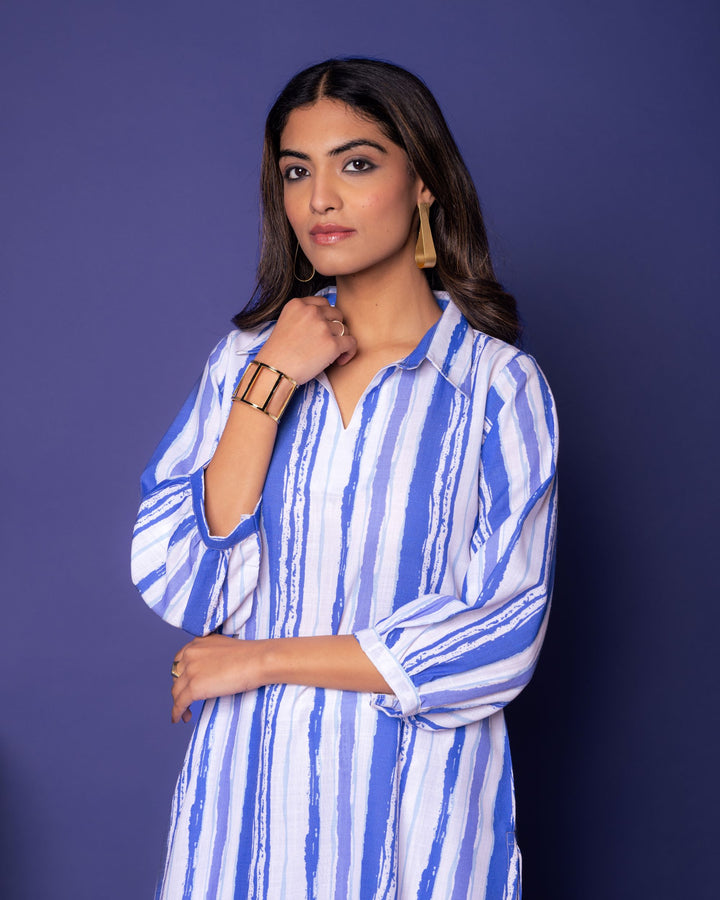 MULTICOLORED STRIPES LINEN BLEND COLLAR NECK KURTA PANT SET