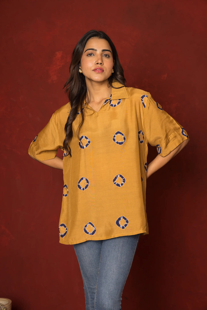 Brown Muslin Collar Short Top For Women's