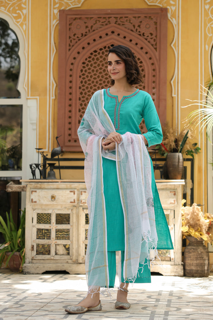 Rama Green Cotton Slub Complete Suit Set For Women's