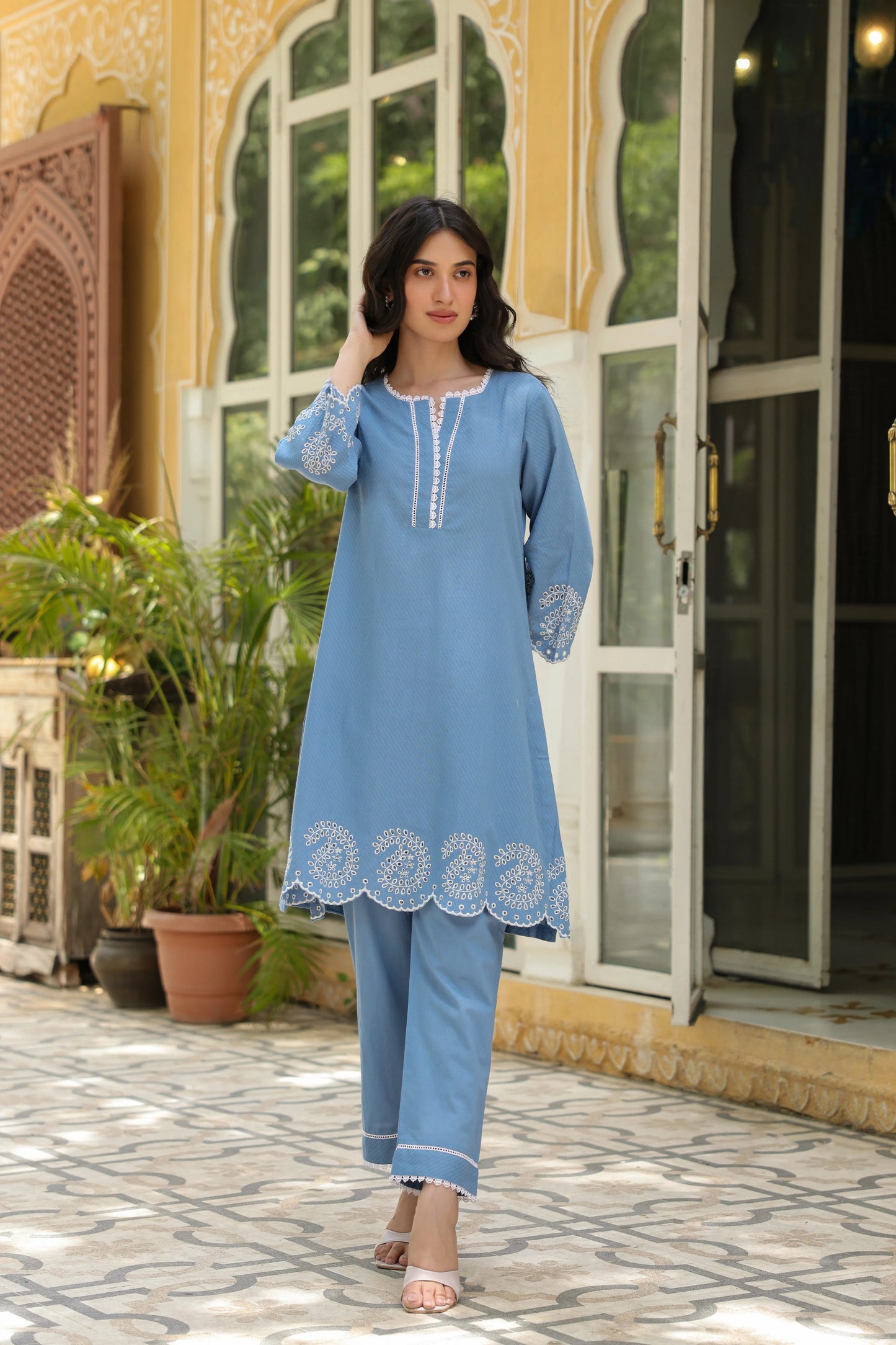Powder Blue Cotton Dobby Kurta Pant Set For Women's