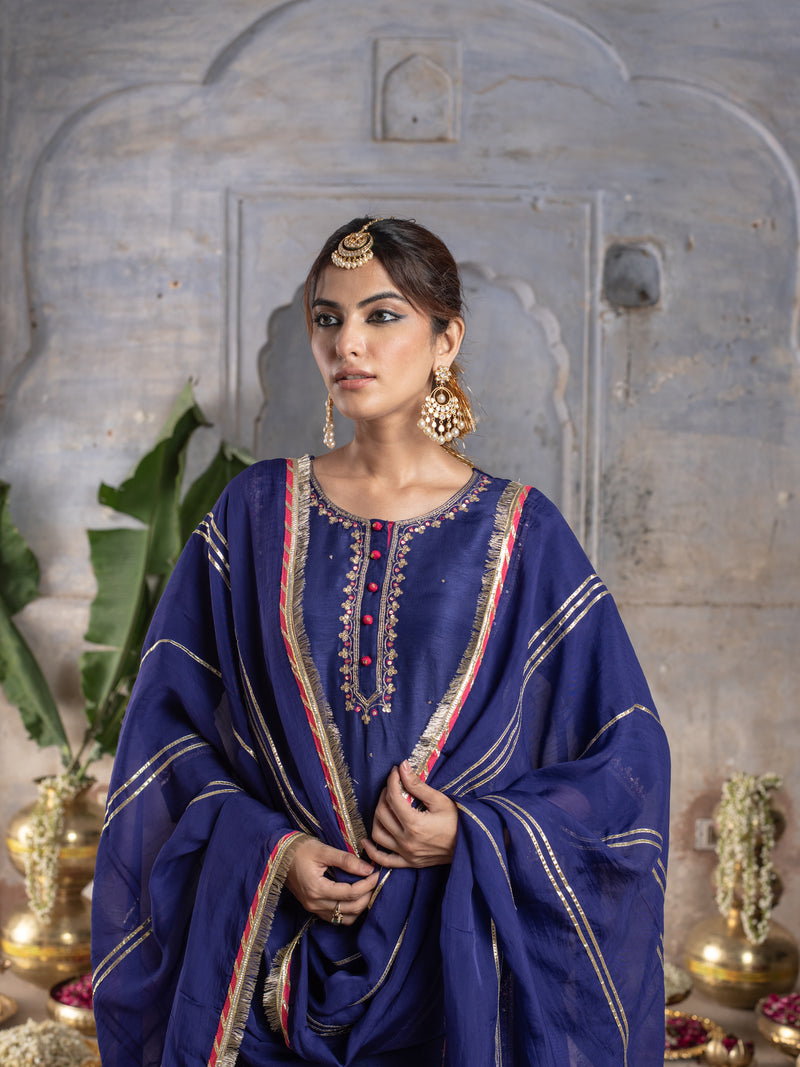 Purplish Blue Chanderi Round Neck Kurta Skirt with Dupatta Set For Women's