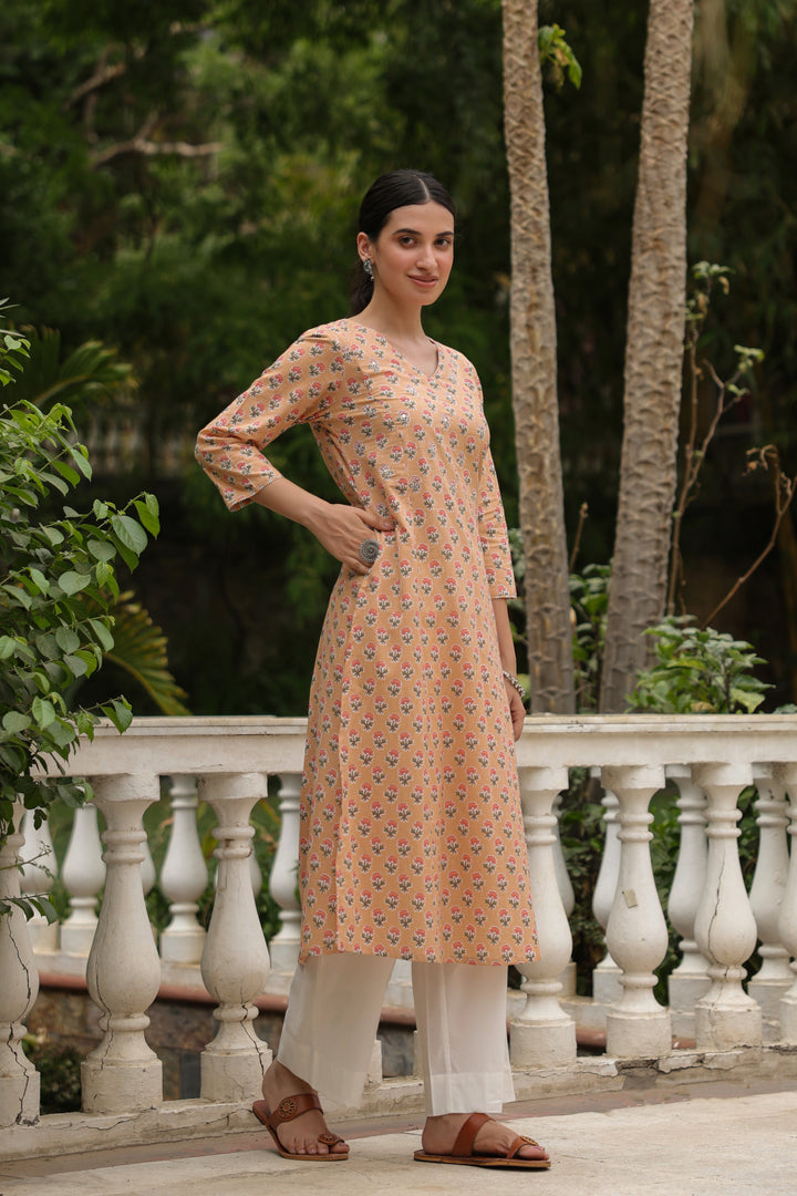 Yellow Cotton Printed Straight Kurta For Women's