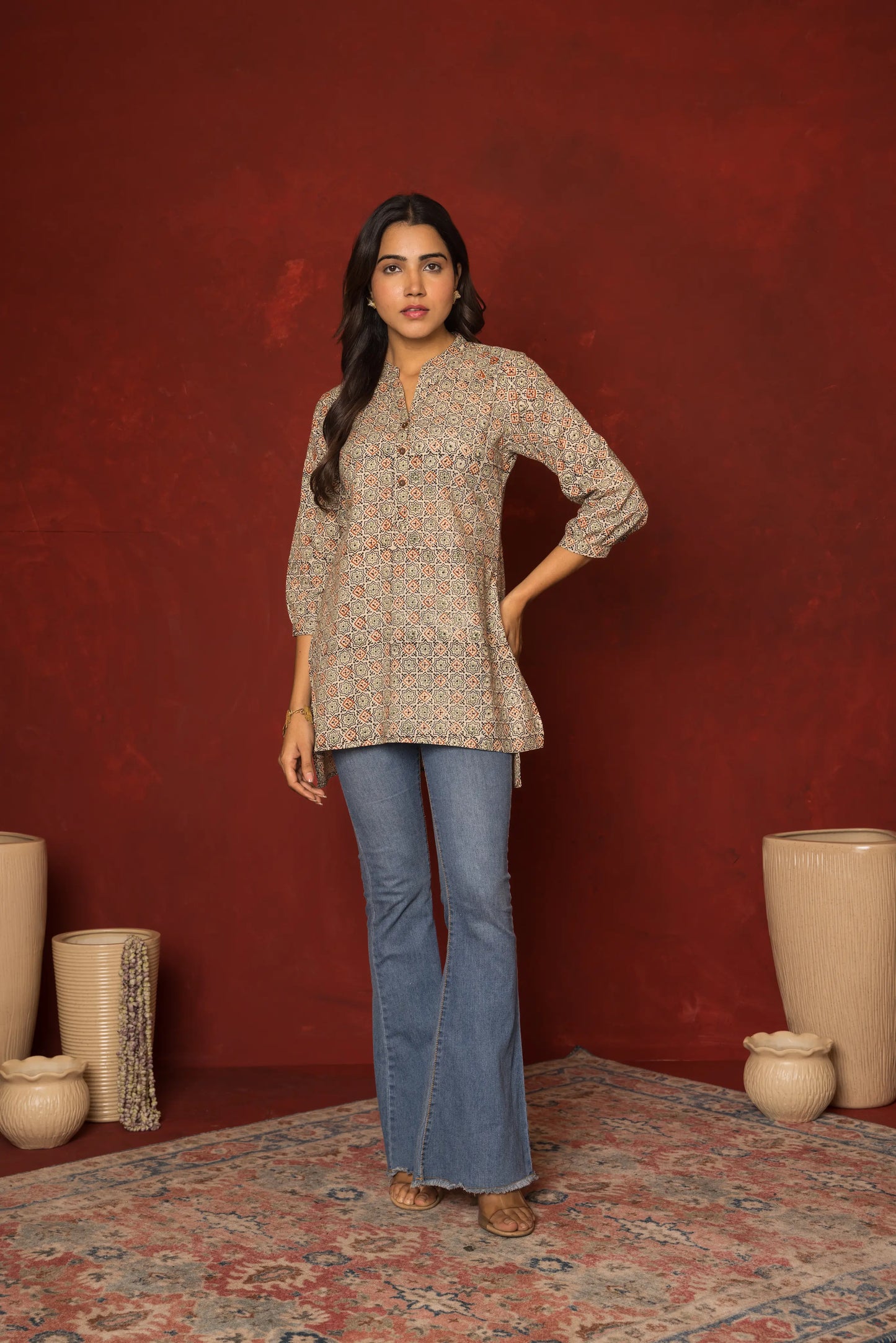 Multicoloured Cotton Collar Handblock Short Top For Women's