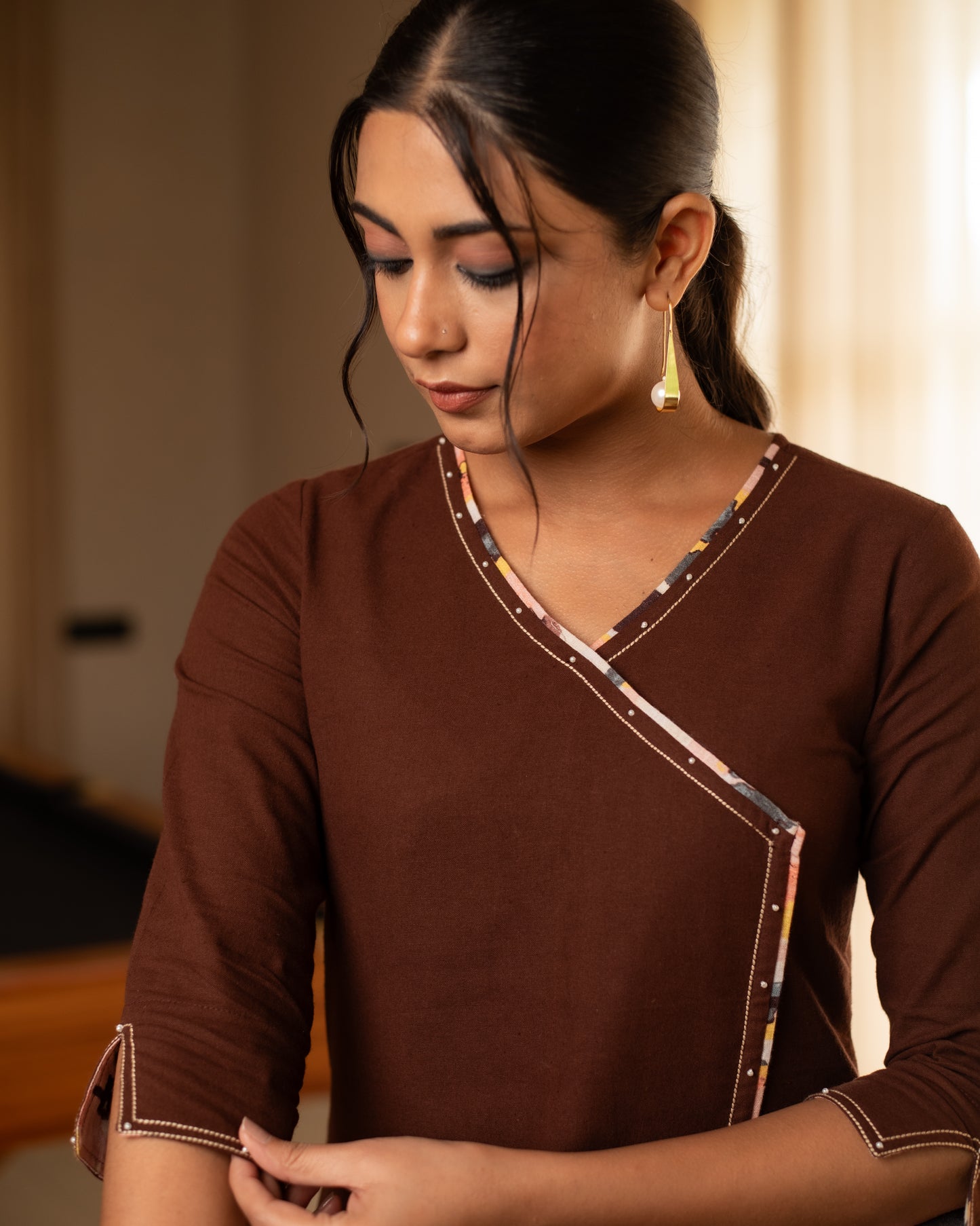BROWN WITH MULTICOLOURED PANT COTTON SLUB ANGRAKHA KURTA PANT SET