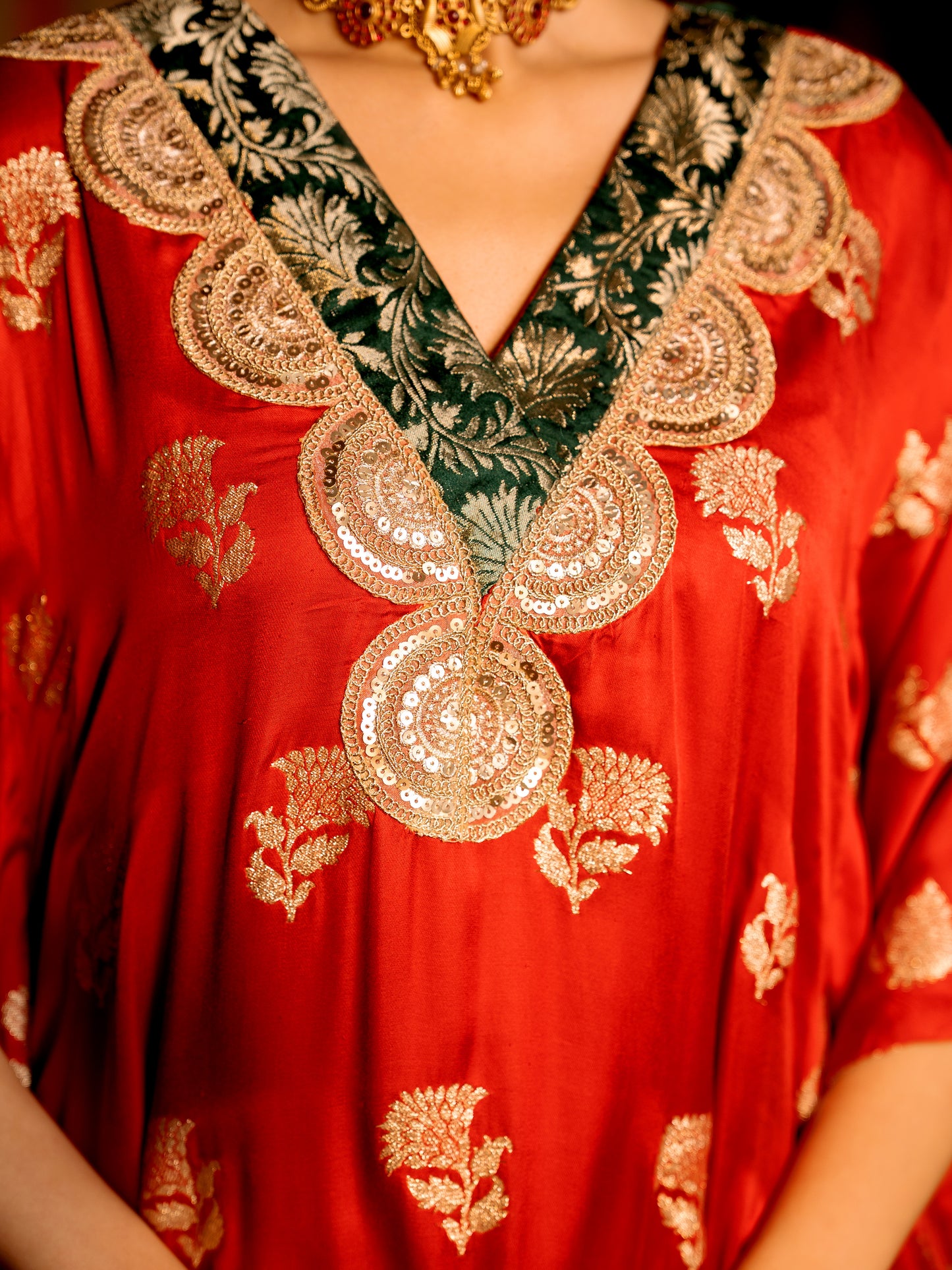 Red Cotton Silk V-Neck Kaftan For Women's