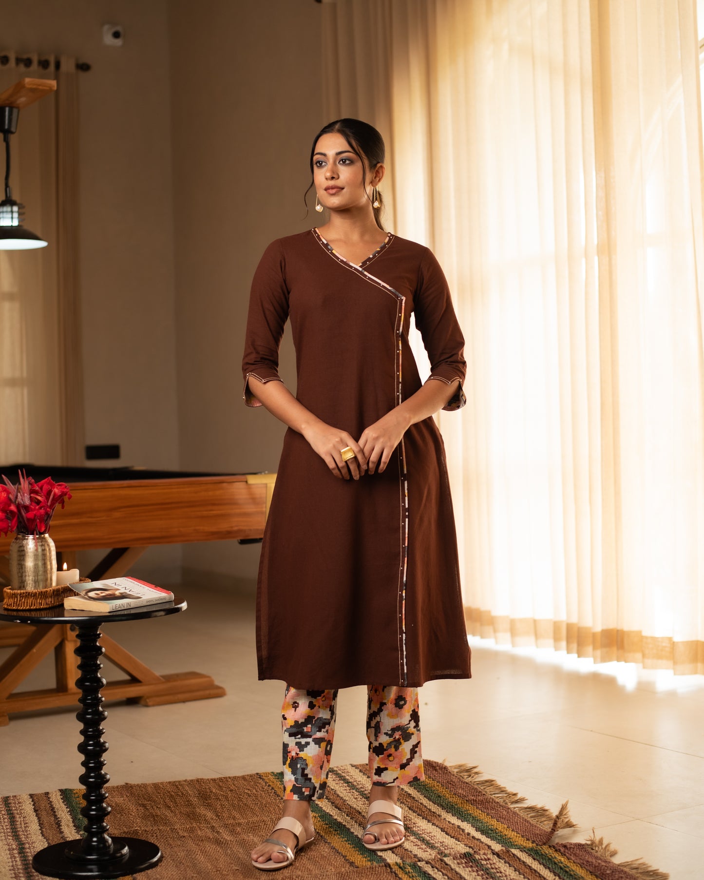 BROWN WITH MULTICOLOURED PANT COTTON SLUB ANGRAKHA KURTA PANT SET
