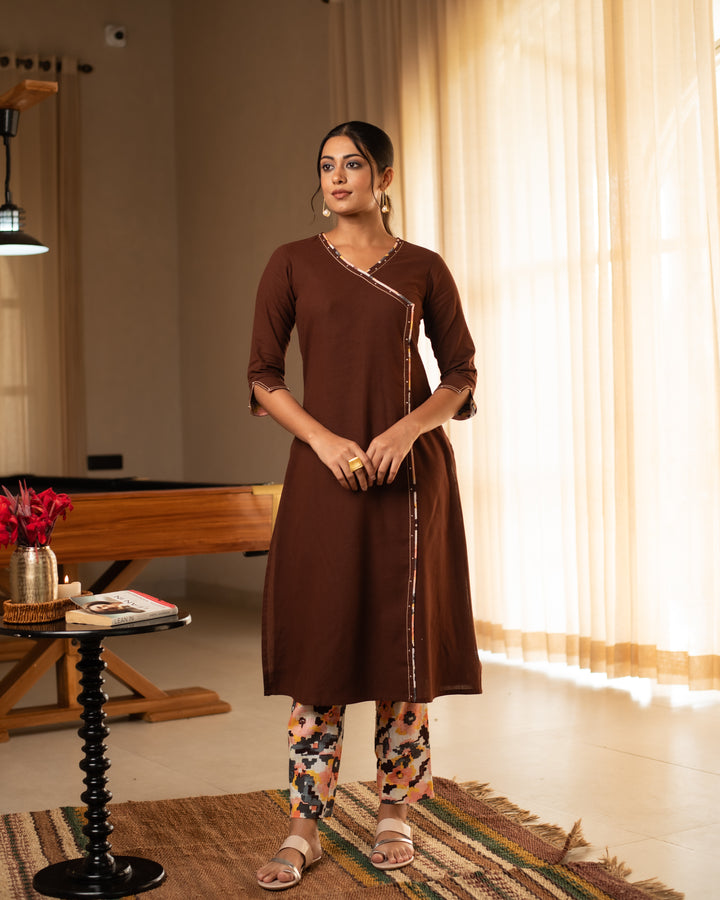 BROWN WITH MULTICOLOURED PANT COTTON SLUB ANGRAKHA KURTA PANT SET