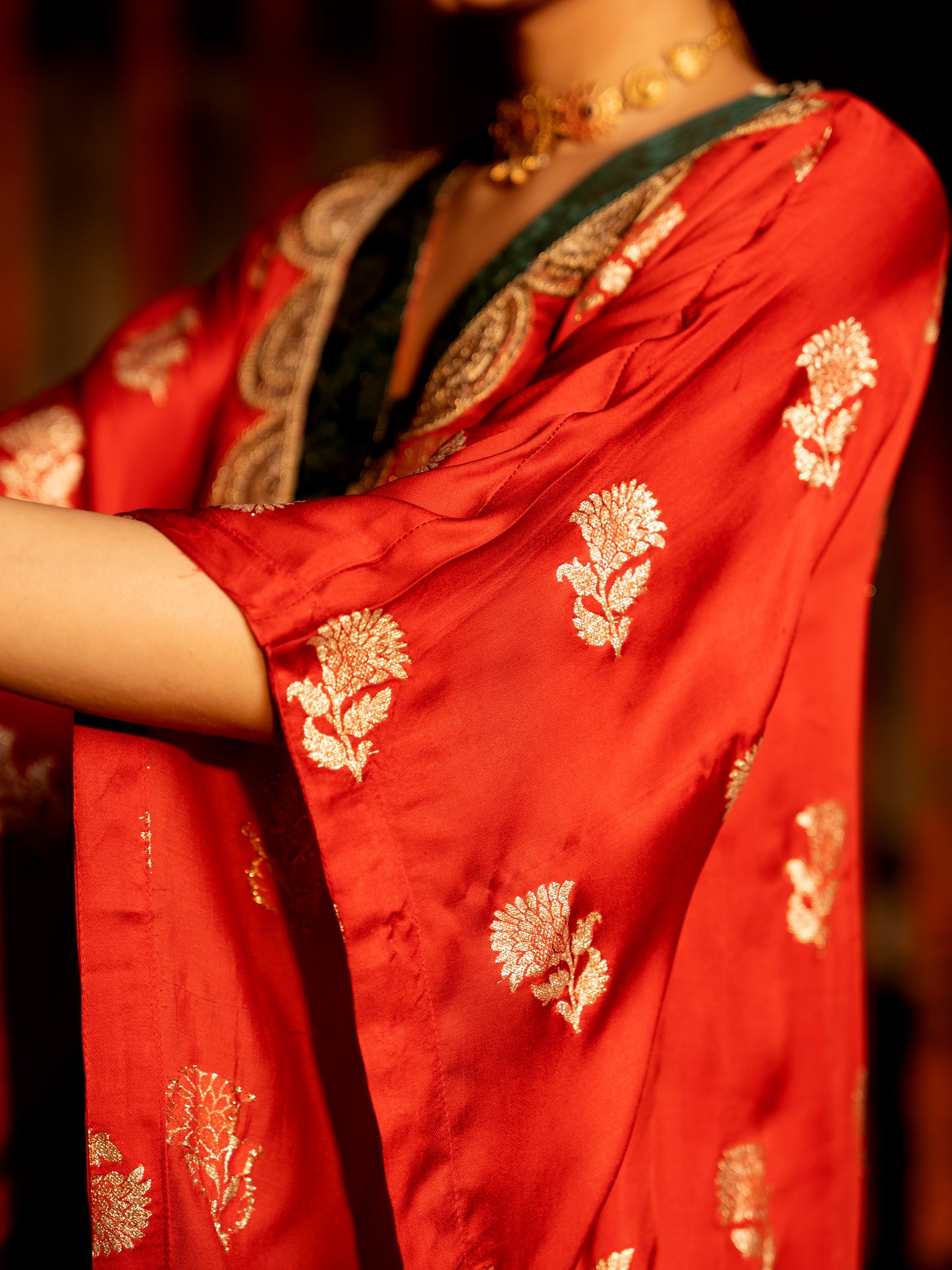 Red Cotton Silk V-Neck Kaftan For Women's