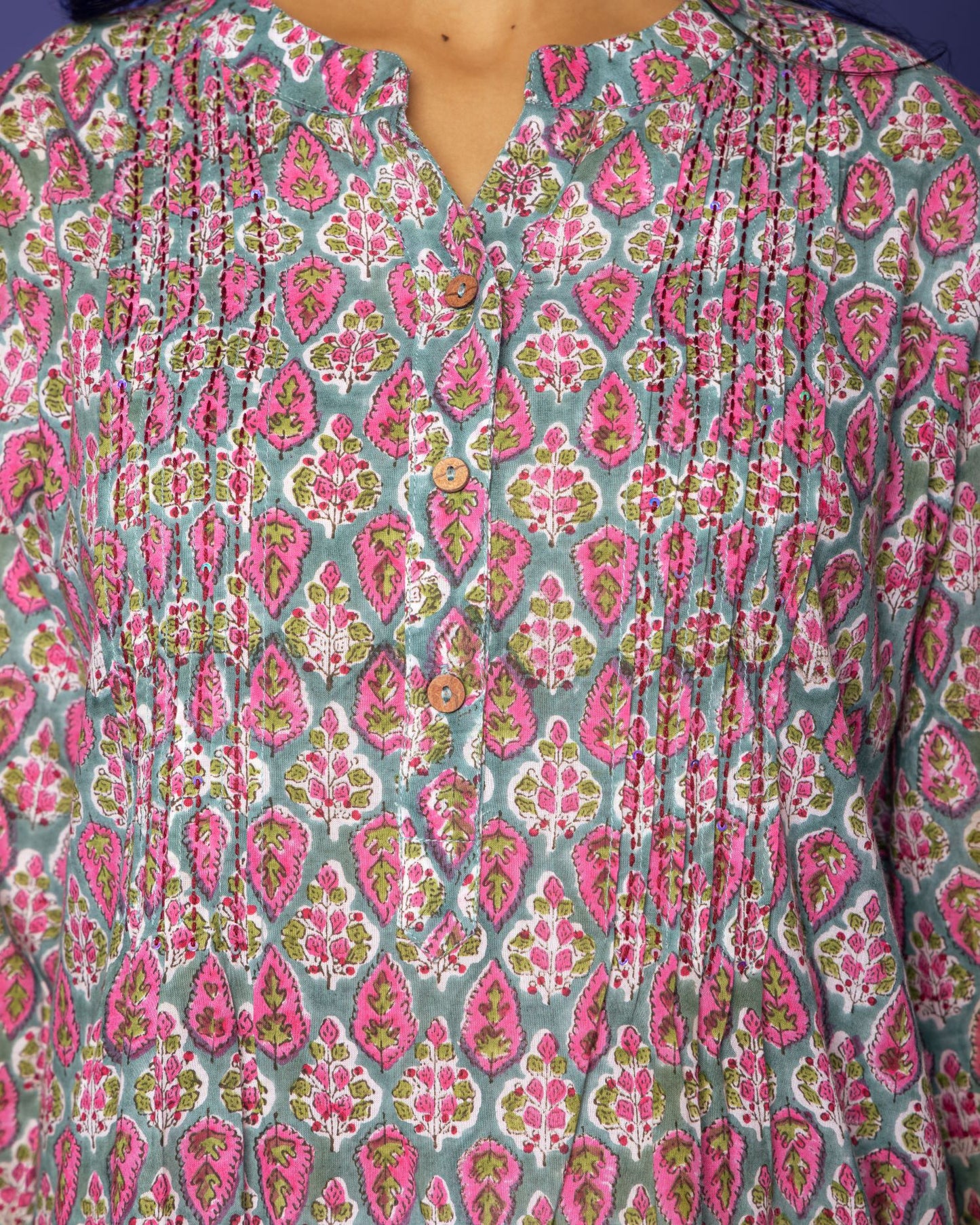 Green Cotton Collar Handblock Short Top For Women's